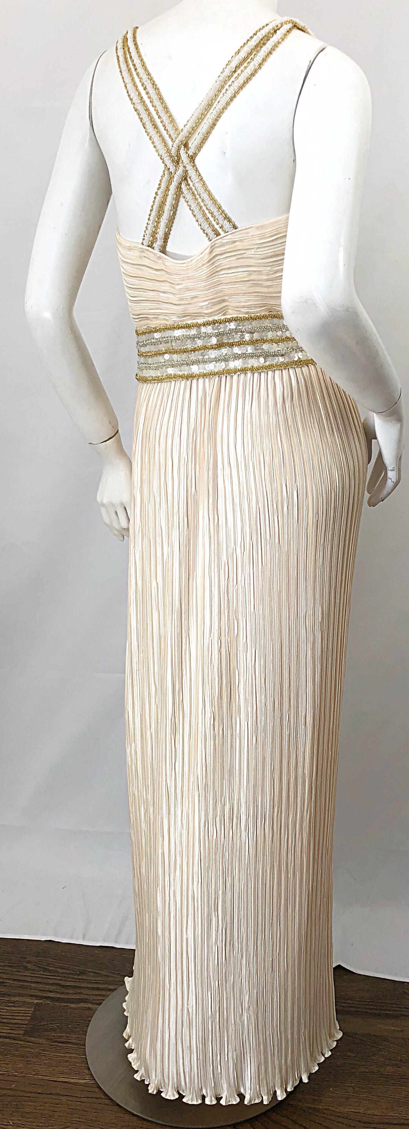 Women's Stunning 90s George F Couture Sz 8 / 10 Ivory Fortuny Pleated Grecian Gown Dress