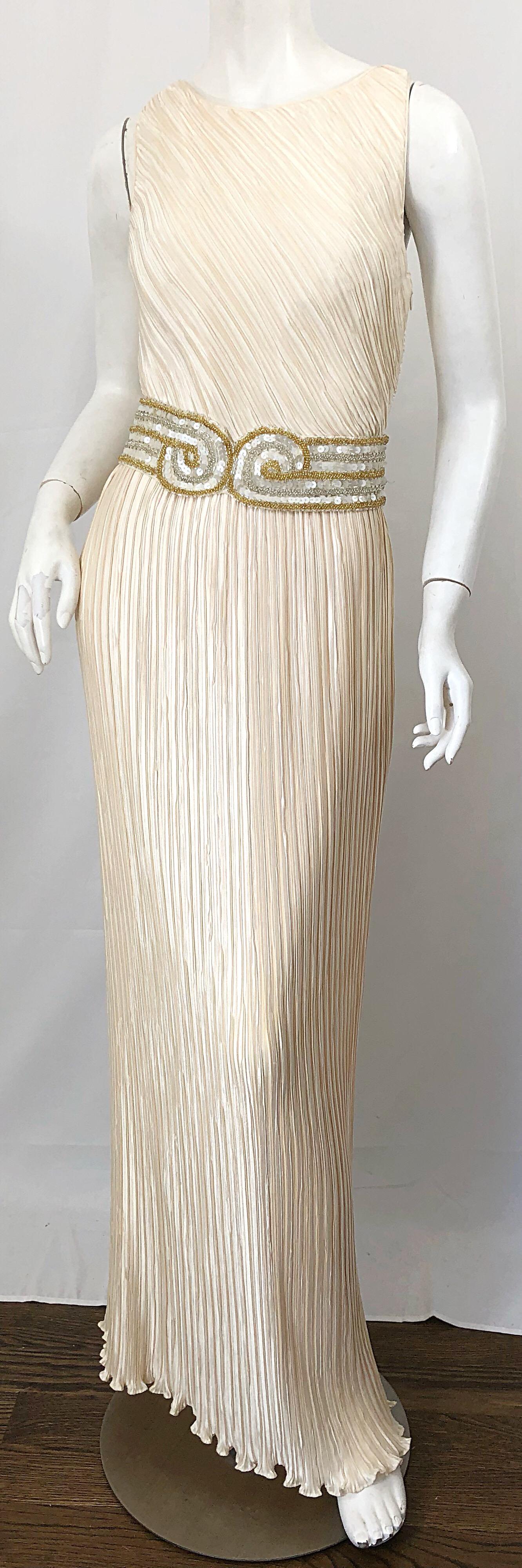 Stunning 90s George F Couture Sz 8 / 10 Ivory Fortuny Pleated Grecian Gown Dress 1