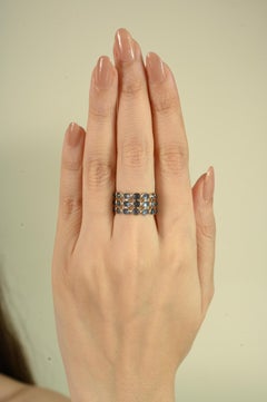 Stunning 9.54Ct Natural Blue Sapphire Triple Row Wide Band Ring 14K Yellow Gold