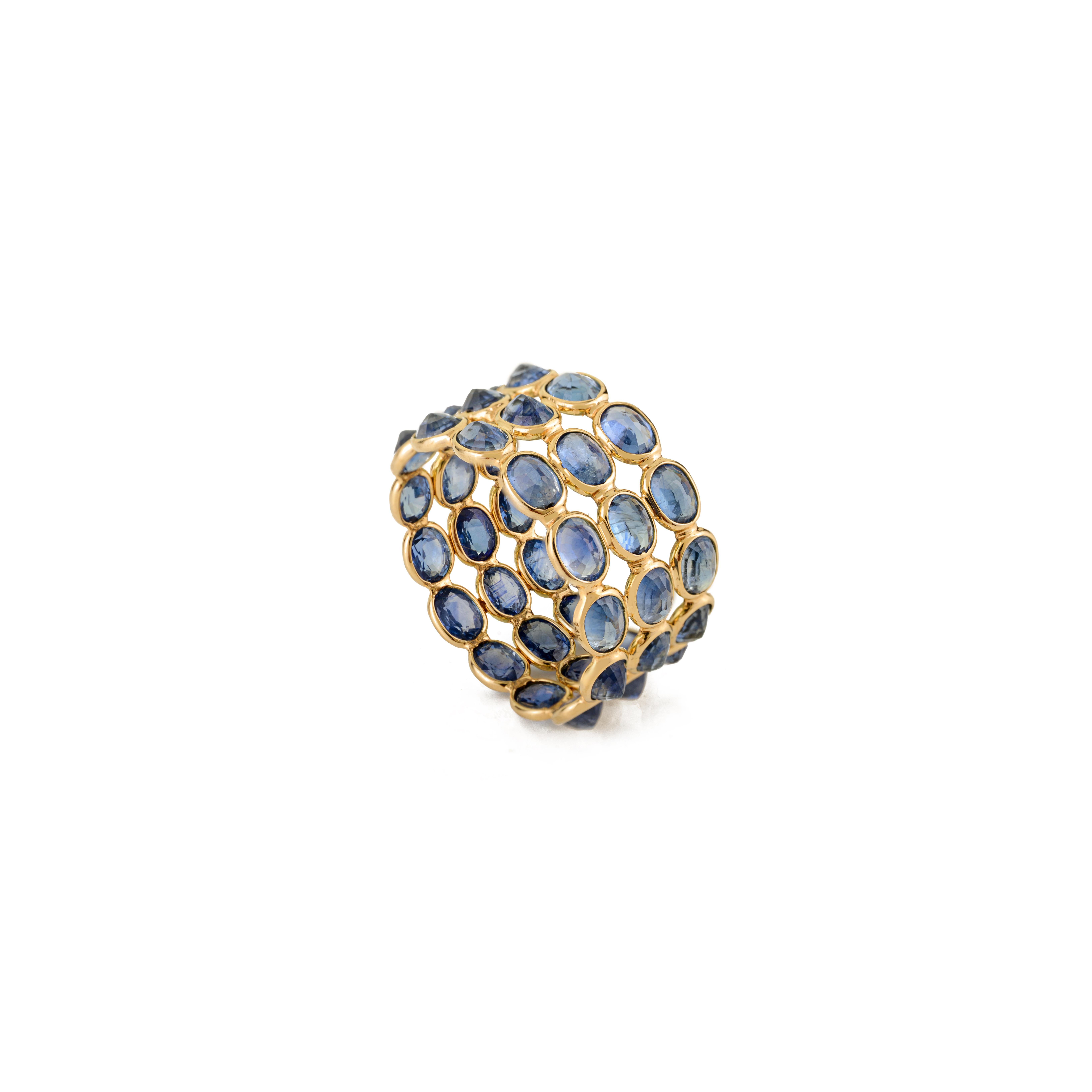 Im Angebot: Atemberaubende 9.54Ct natürlichen blauen Saphir Triple Row Wide Band Ring 14K Gelbgold () 3