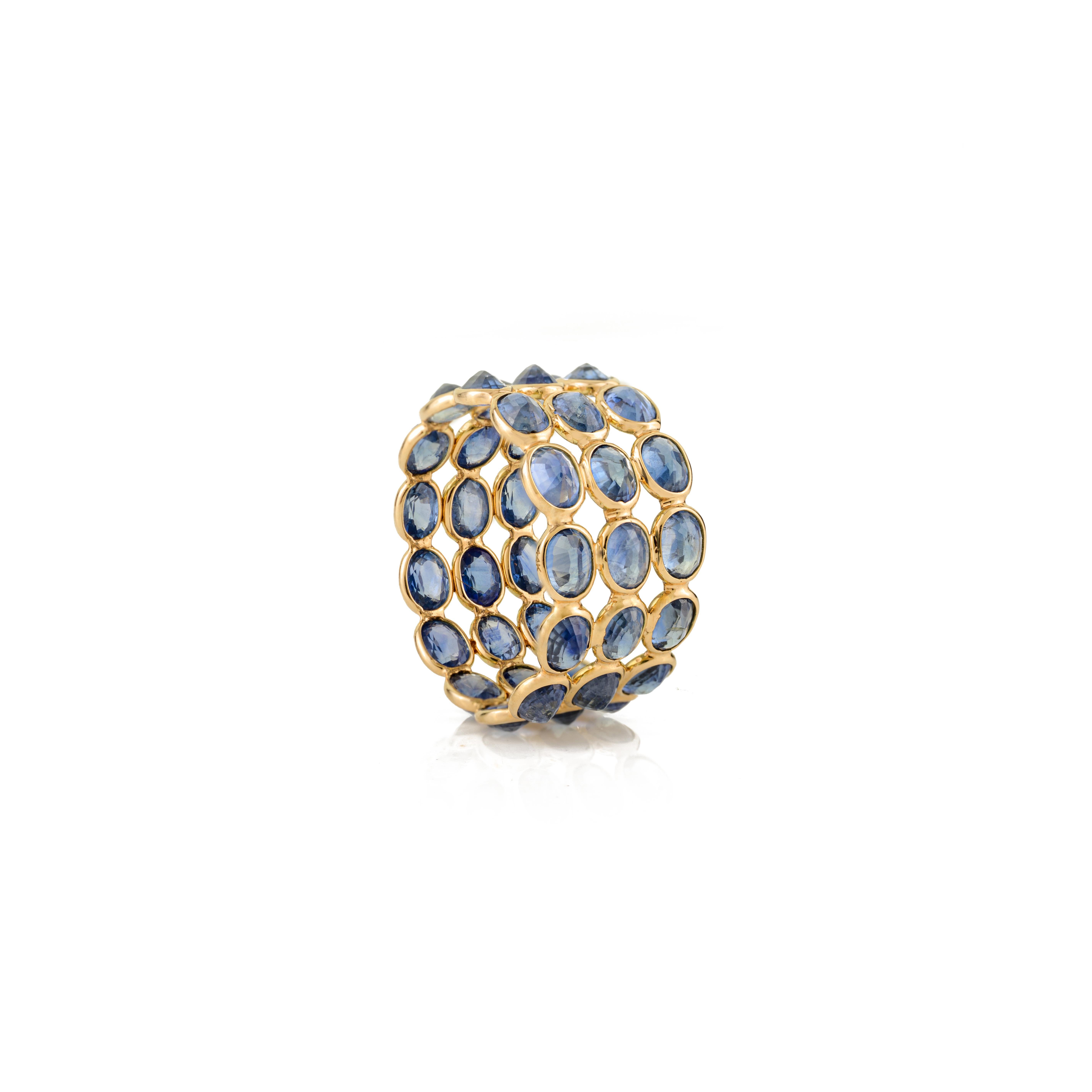 Im Angebot: Atemberaubende 9.54Ct natürlichen blauen Saphir Triple Row Wide Band Ring 14K Gelbgold () 5