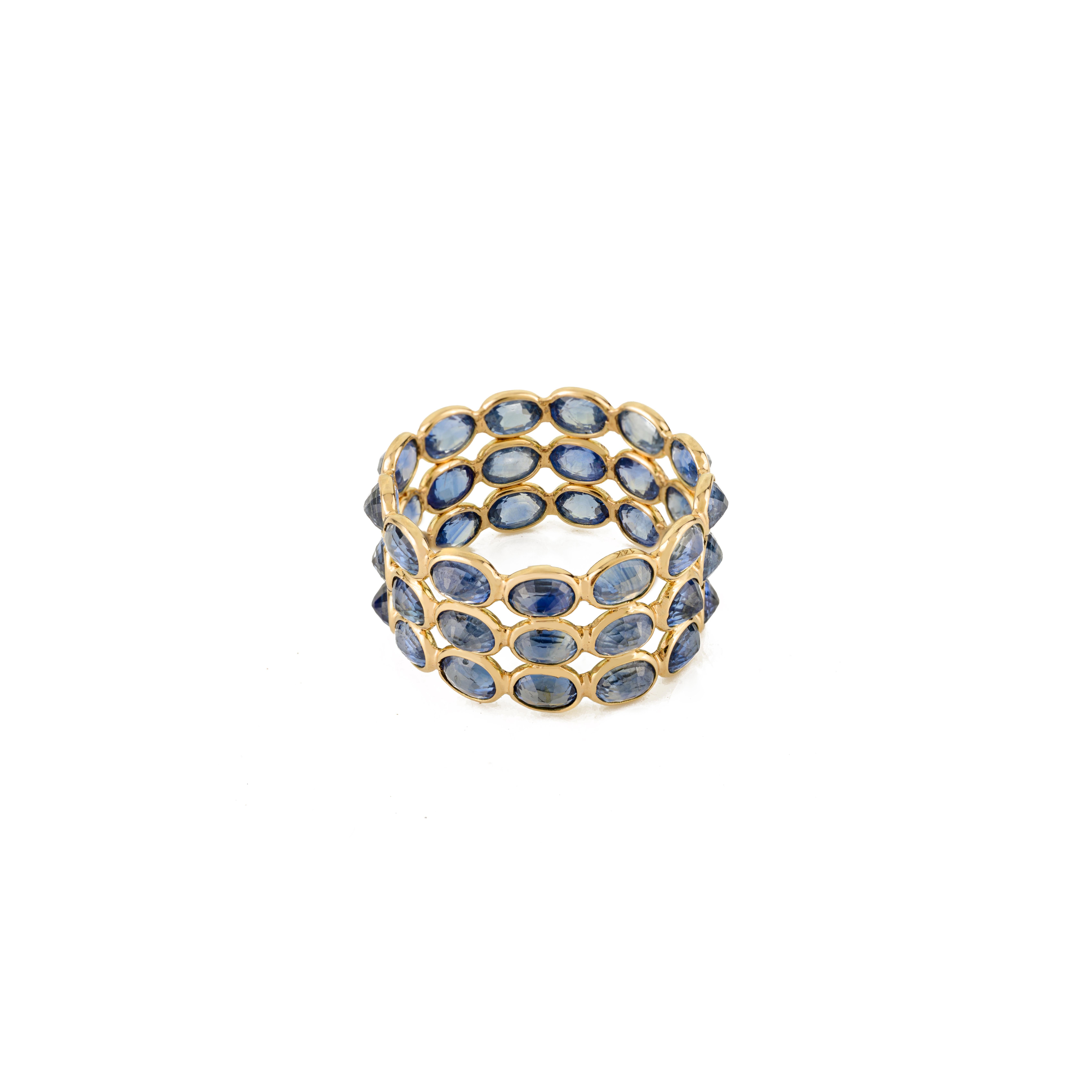 Im Angebot: Atemberaubende 9.54Ct natürlichen blauen Saphir Triple Row Wide Band Ring 14K Gelbgold () 7