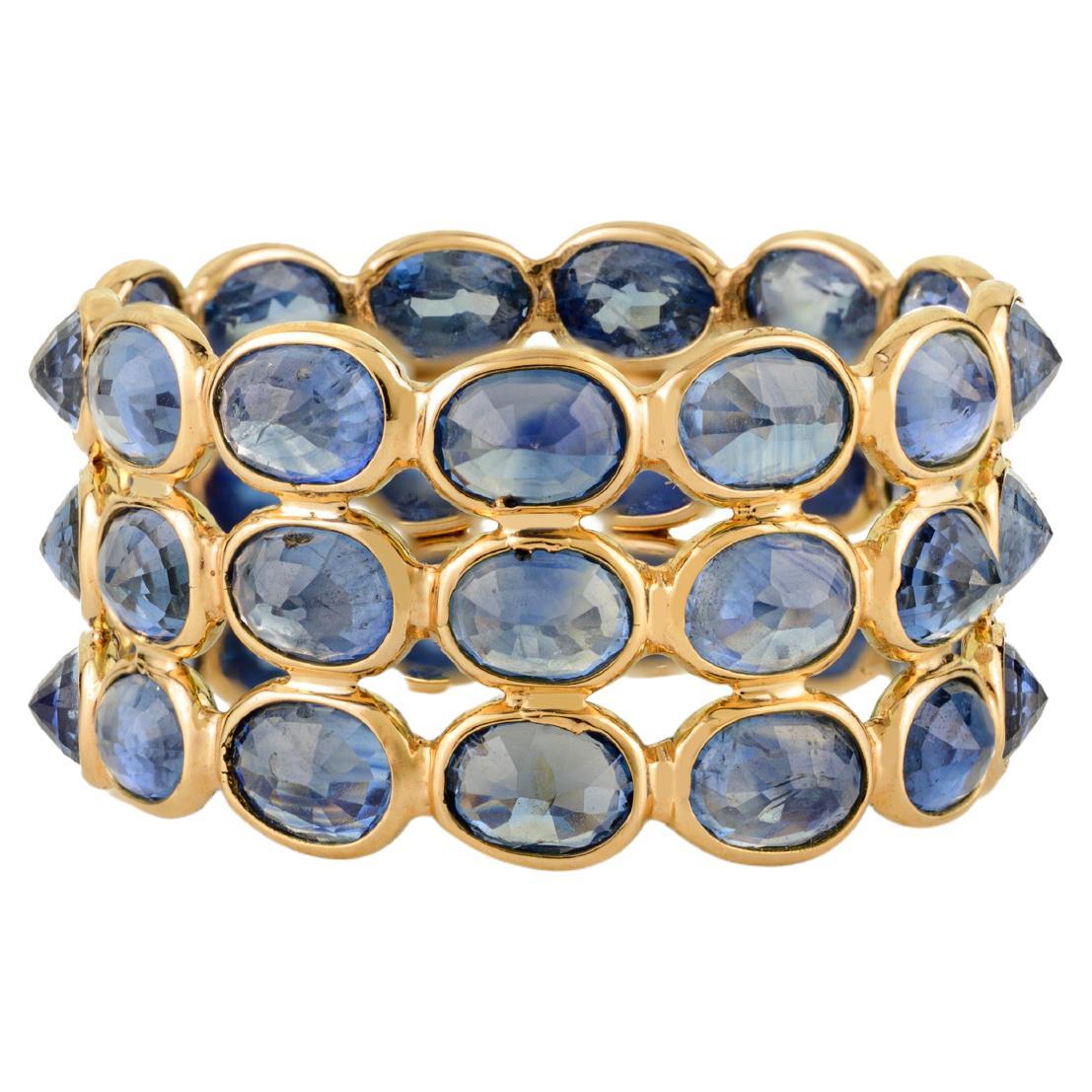 Im Angebot: Atemberaubende 9.54Ct natürlichen blauen Saphir Triple Row Wide Band Ring 14K Gelbgold ()