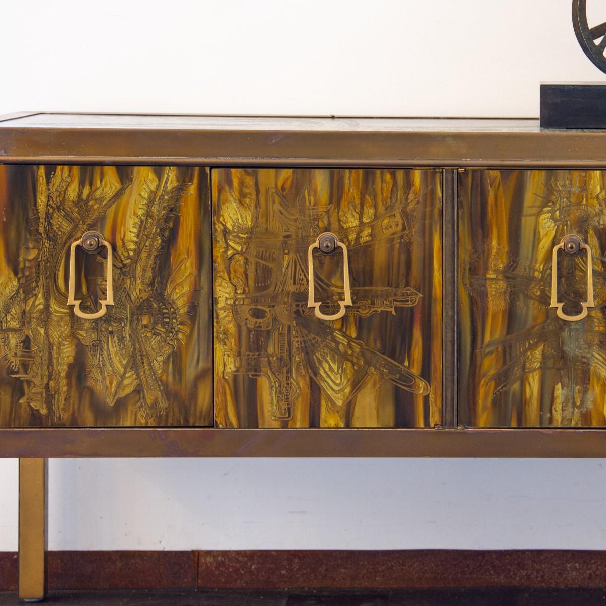 Stunning Acid Etched Cabinet by Bernard Rohne for Mastercraft, USA, 1970s 5