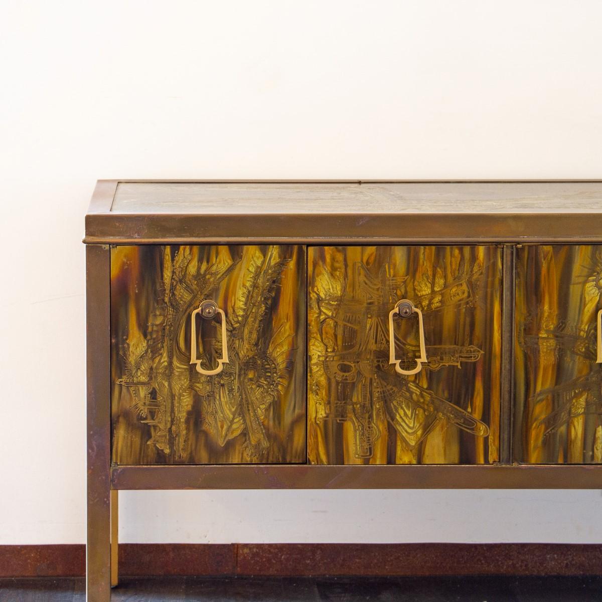 American Stunning Acid Etched Cabinet by Bernard Rohne for Mastercraft, USA, 1970s