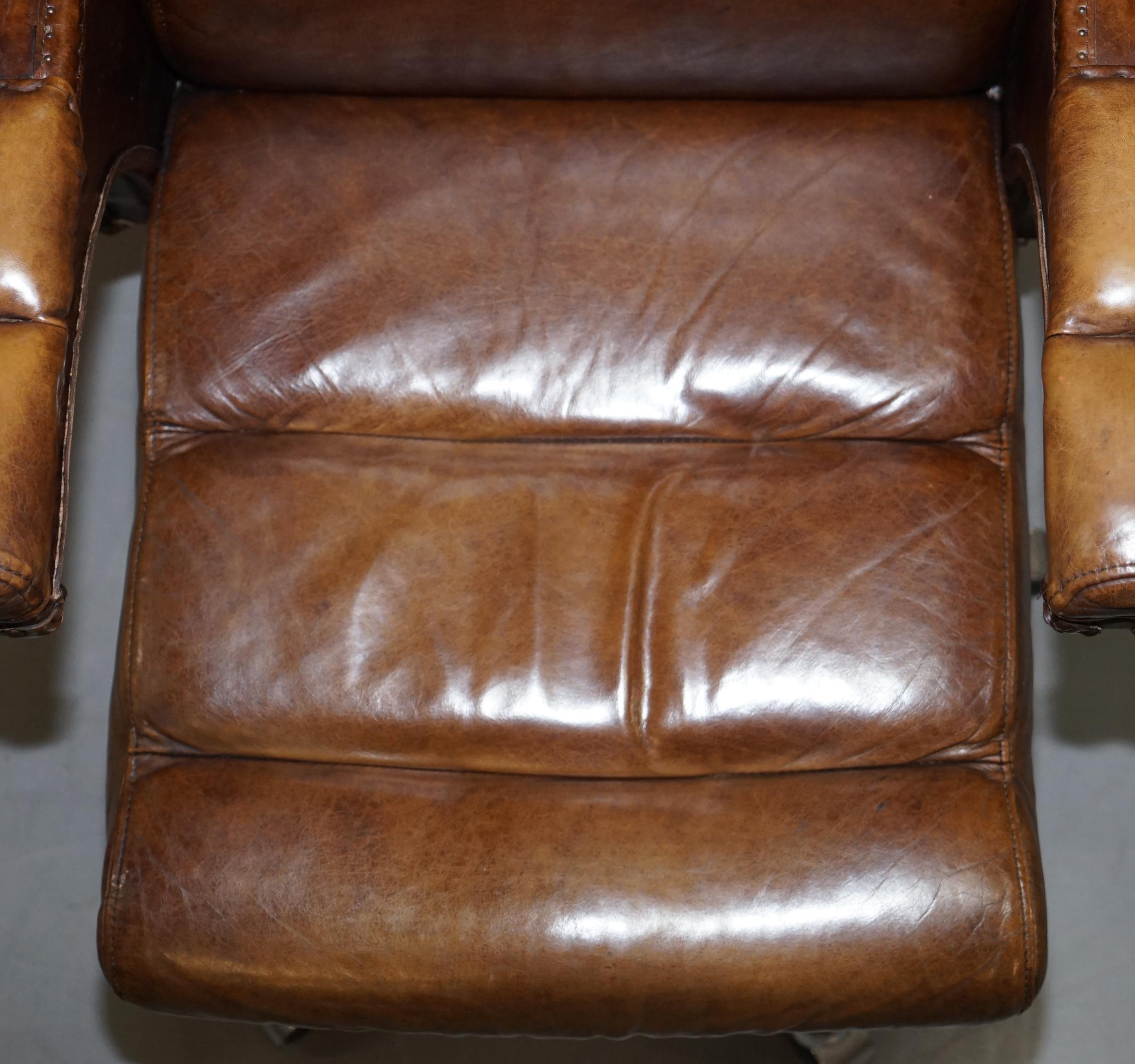 English Stunning Aged Saddle Tan Brown Leather Office Desk Captains Directors Armchair