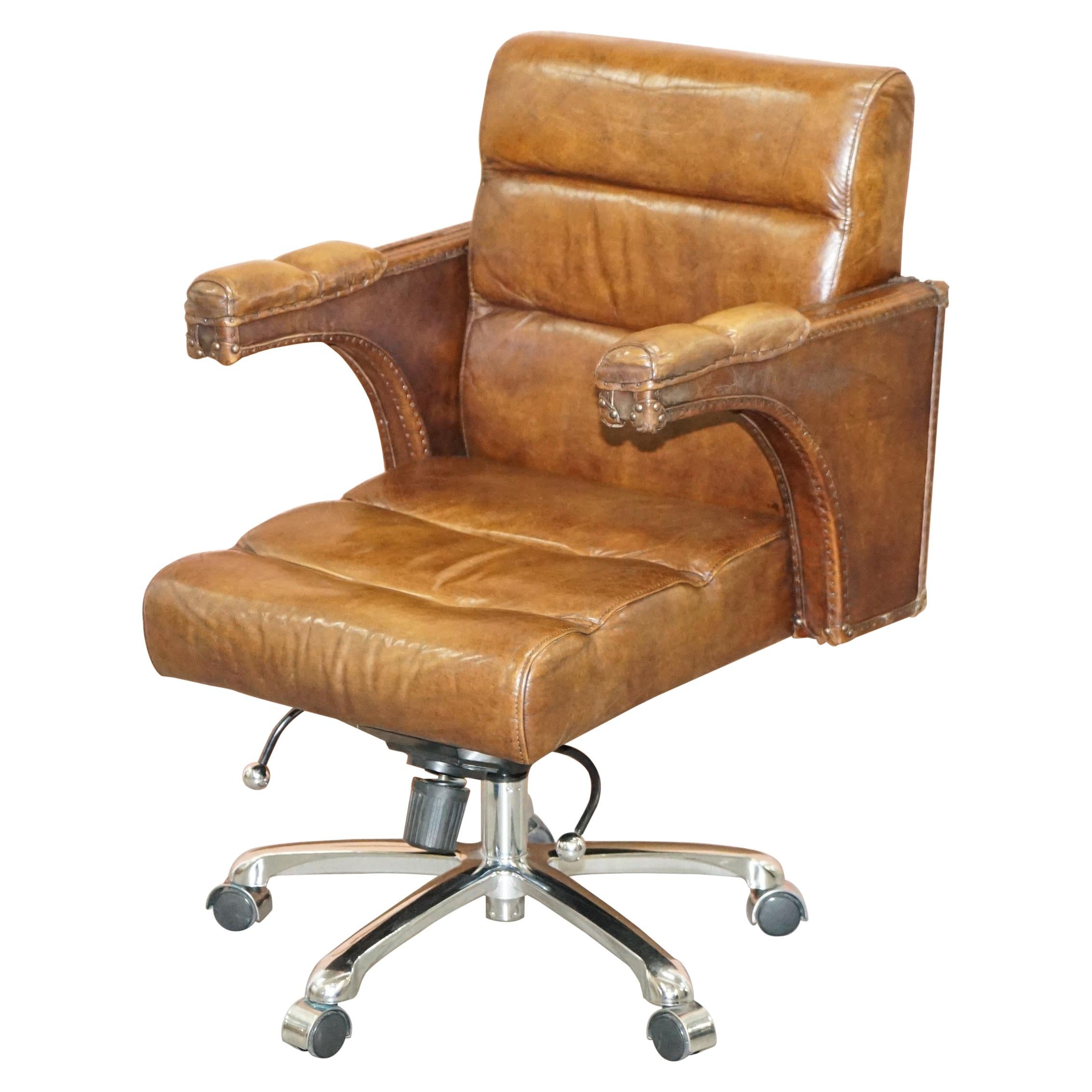 Stunning Aged Saddle Tan Brown Leather Office Desk Captains Directors Armchair