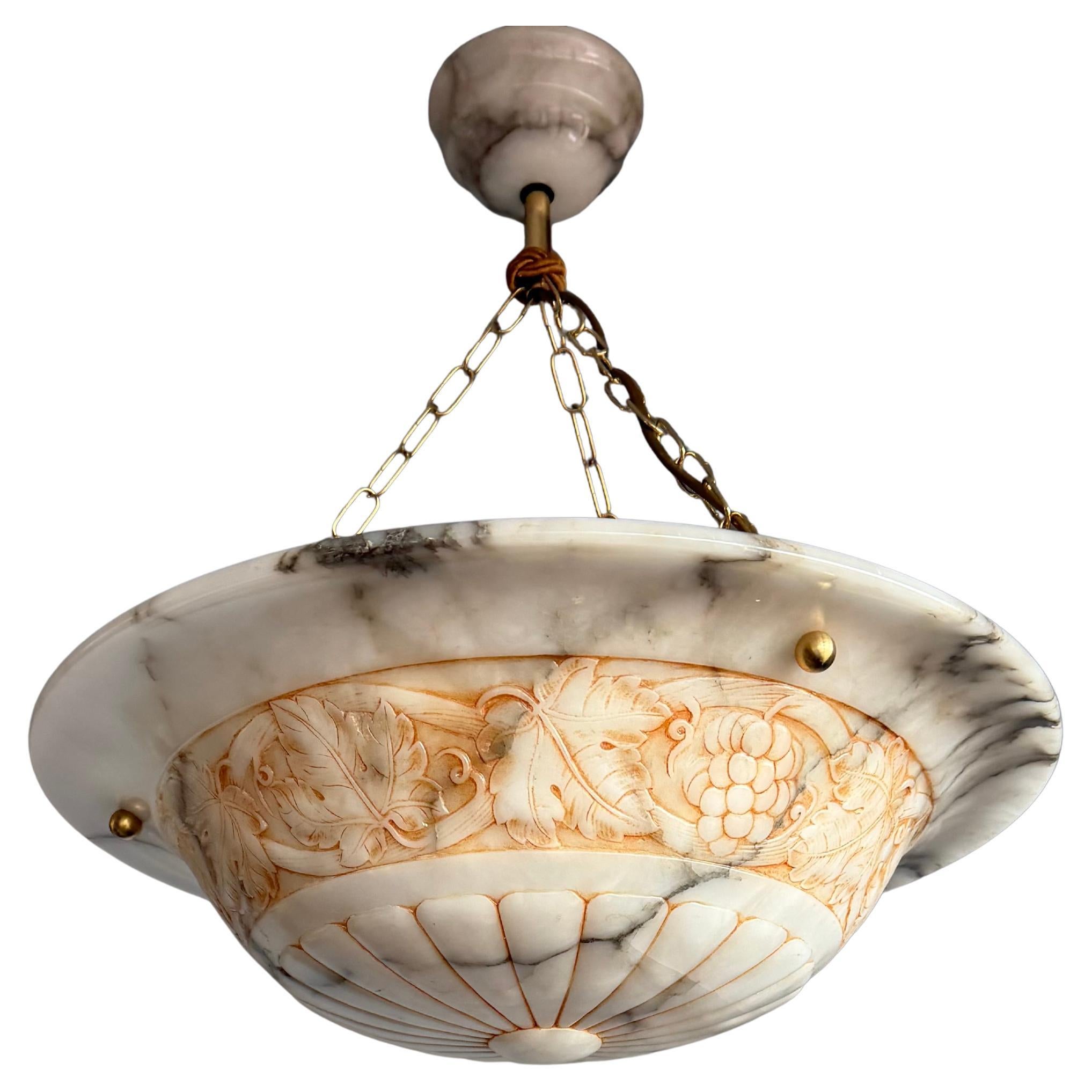 Stunning Alabaster Pendant Light Carved Flowers, Leafs 
 Bunches of Grapes 1920 For Sale