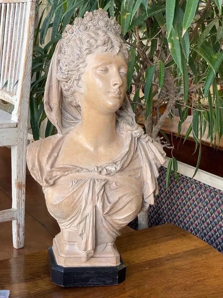 Stunning neoclassical bust of an aristocratic woman, Albert- Ernest Carrier-Belleuse (French 1824-1887), Signed A. CARRIERto the reverse, mounted on an ebonized wooden base, an exquisite example of Albert-Ernest Carrier-Belleuse’s ability create