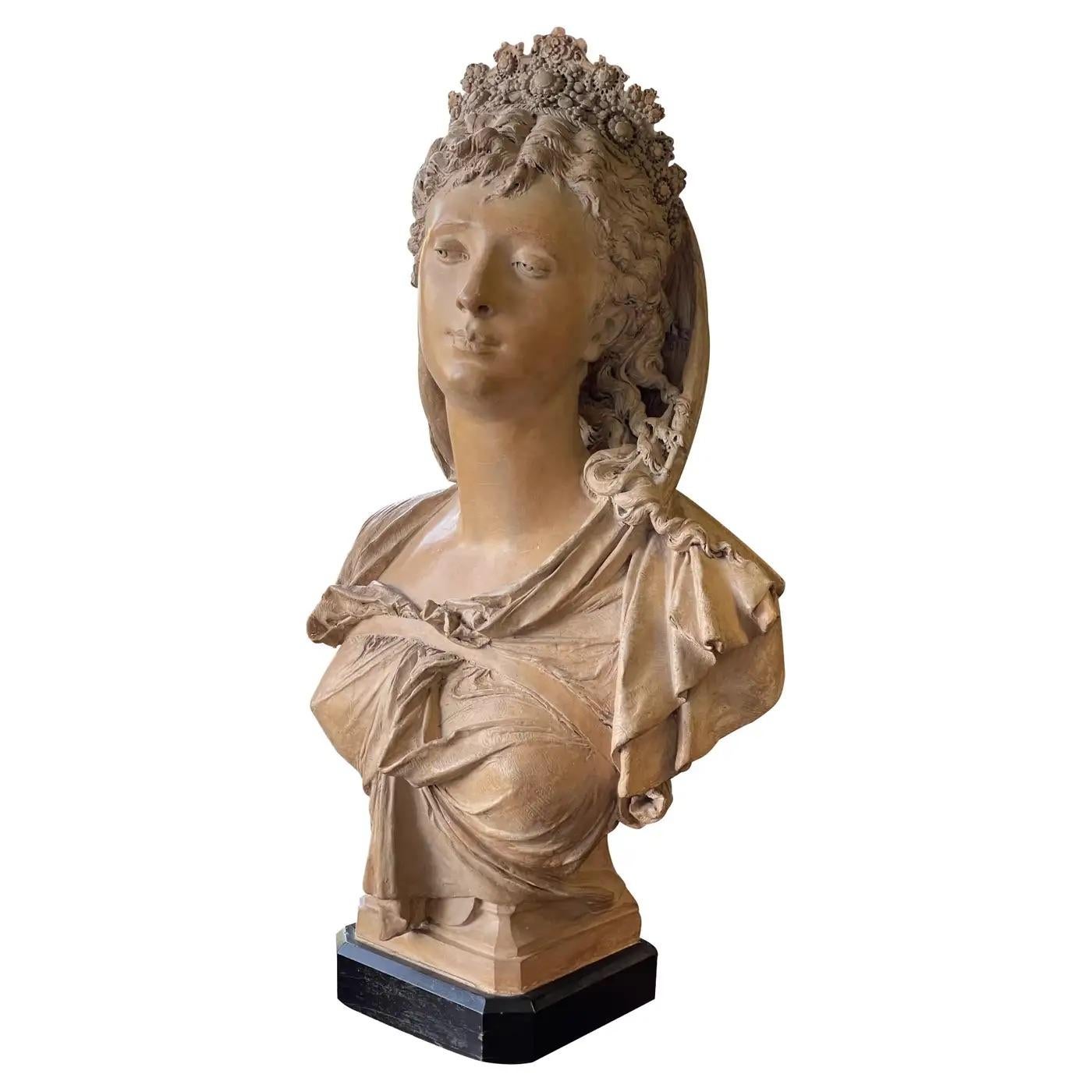 19th Century Stunning Albert-Ernest Carrier-Belleuse Bust of a Woman, Terracotta Sculpture For Sale