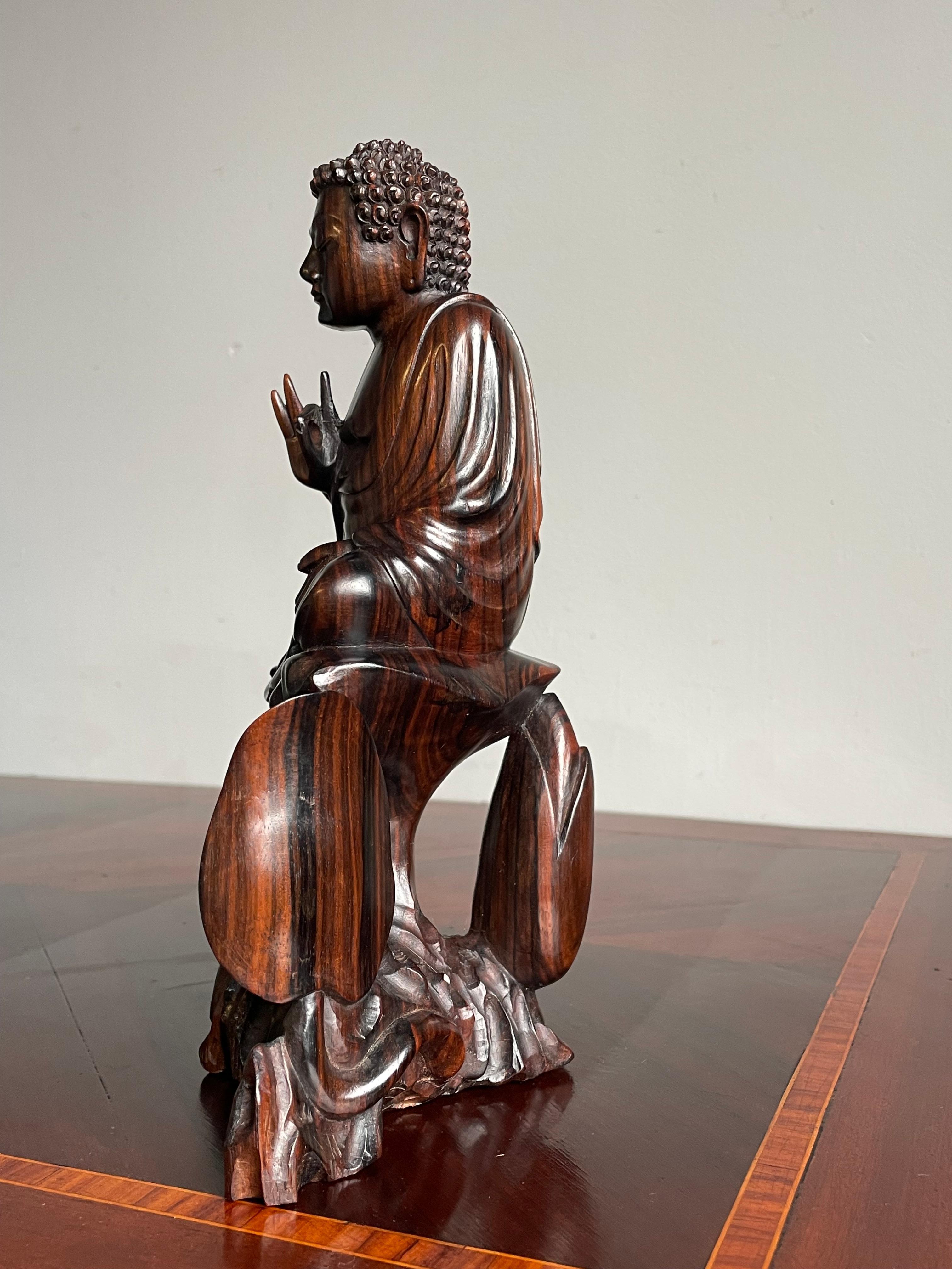 Wood Stunning All Hand Carved Coromandel Sculpture of Sitting Buddha Amida on Lotus For Sale