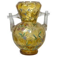 Stunning Amber Bohemian Enamel Floral & Fauna Painted Cut & Blown Glass Vase