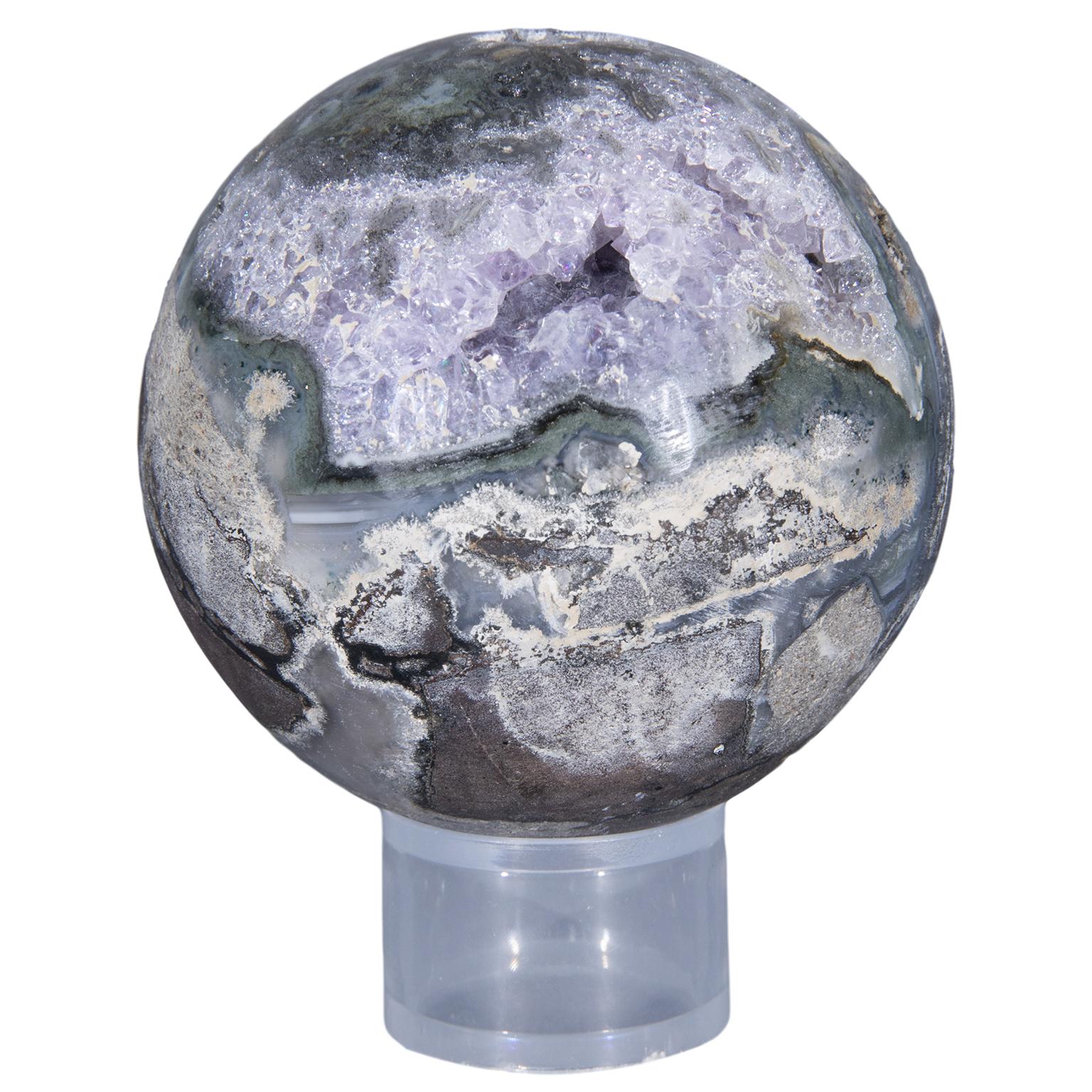 Uruguayan Stunning Amethyst, Agate Geode Sphere with Stalactite Formation and Druse