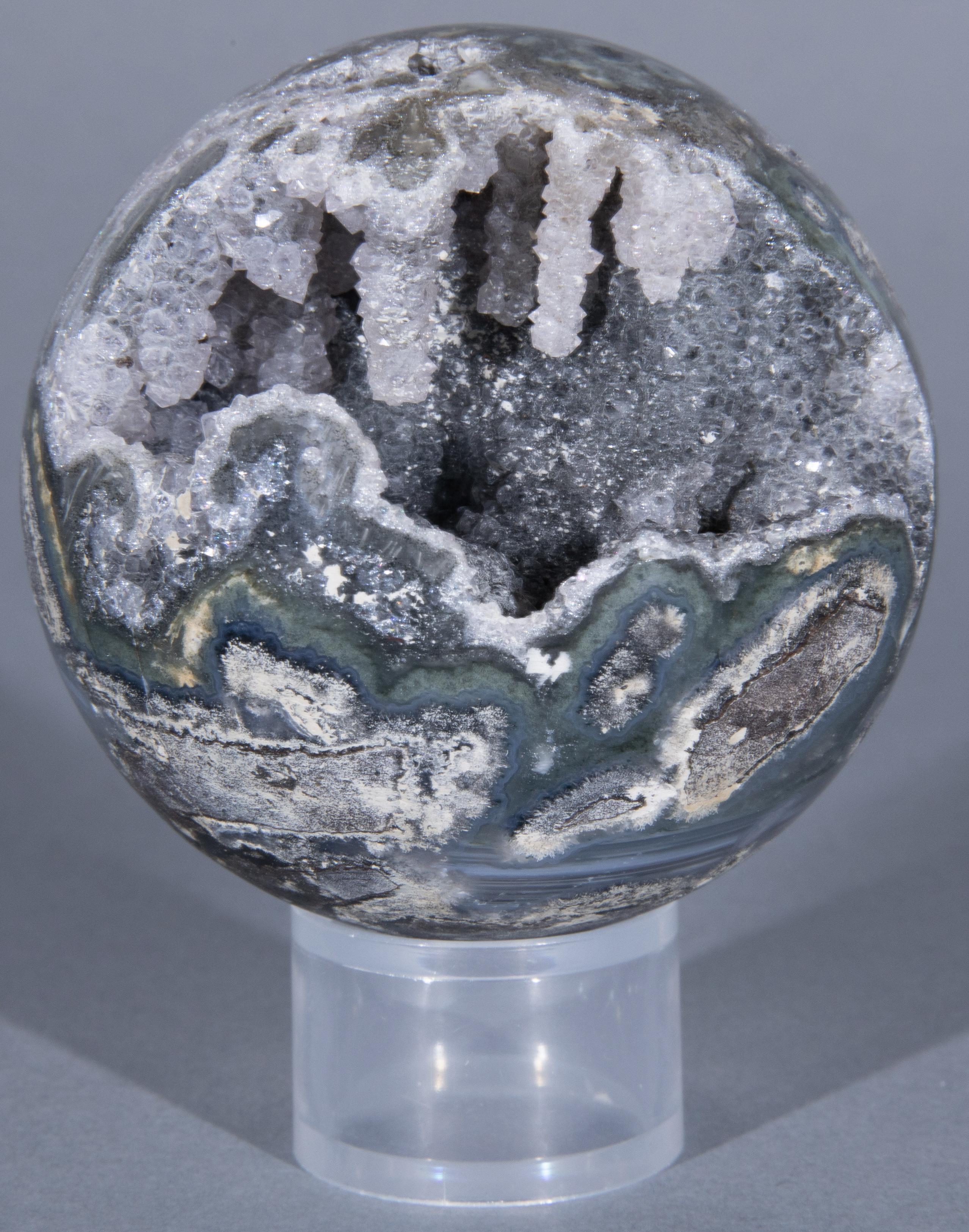 Stunning Amethyst, Agate Geode Sphere with Stalactite Formation and Druse In Excellent Condition In London, GB