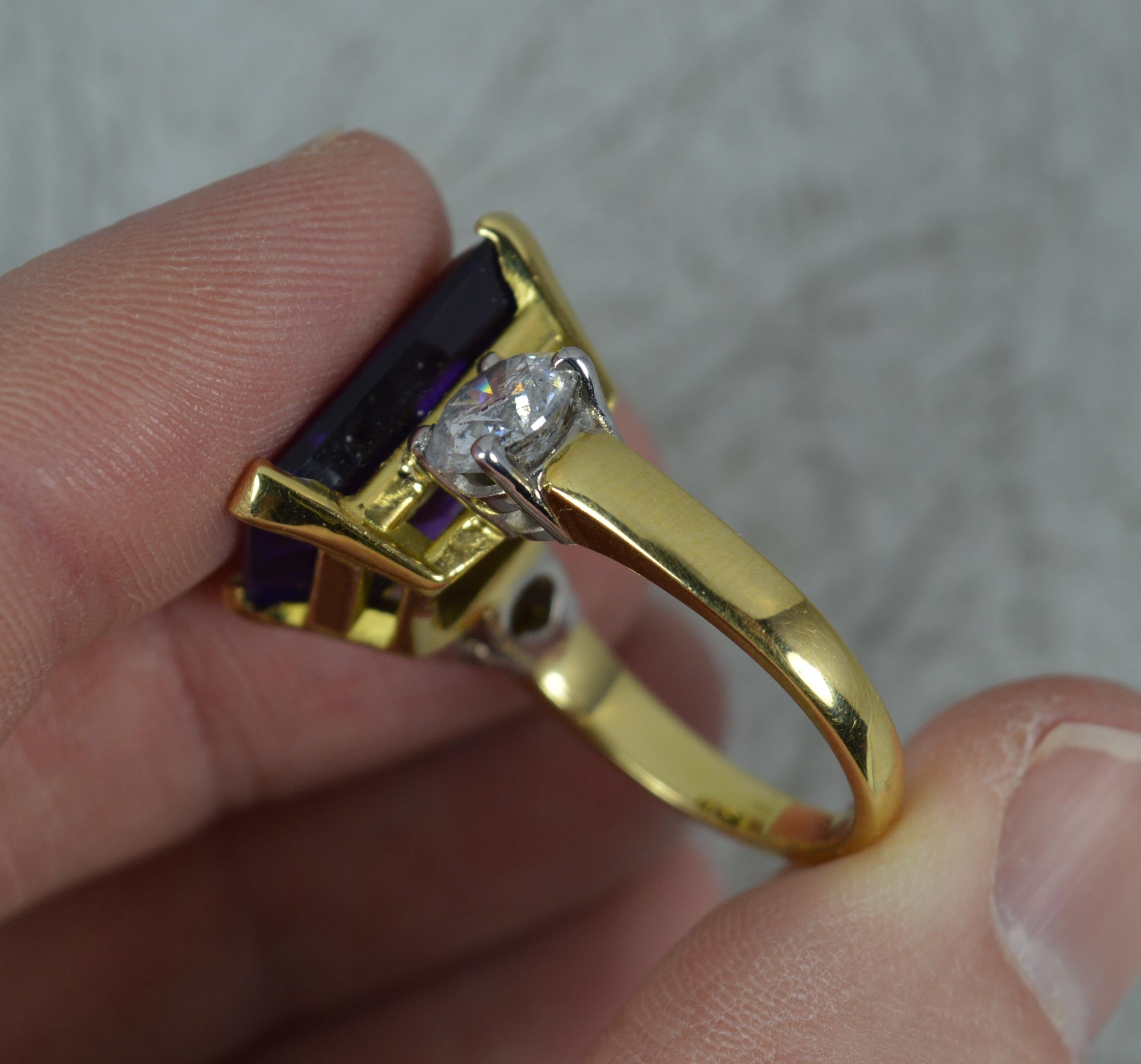Emerald Cut Stunning Amethyst and 2.40ct Diamond 18 Carat Gold Trilogy Ring For Sale