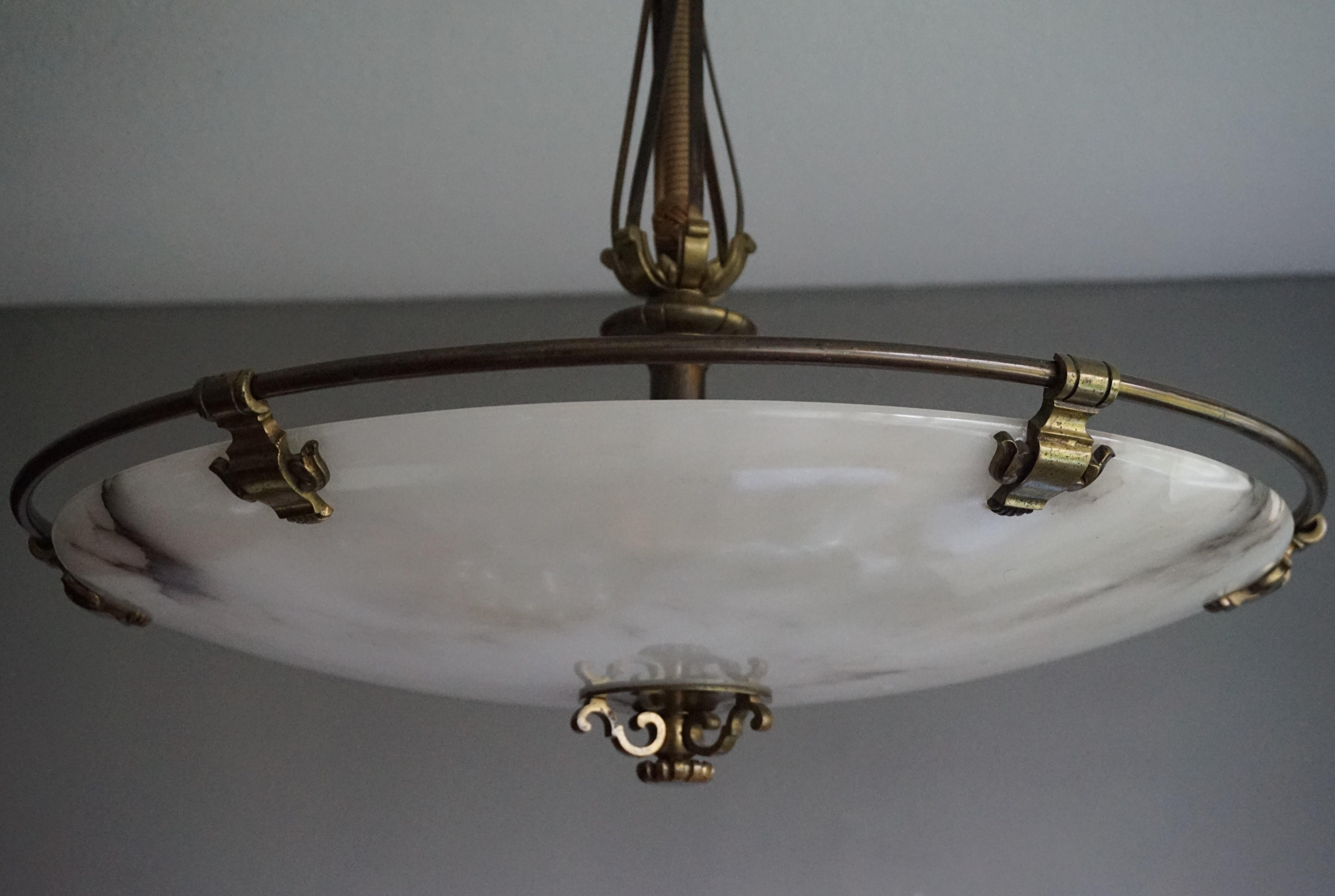 Stunning and Large Alabaster, Brass and Bronze Chandelier Arts & Crafts Era For Sale 3