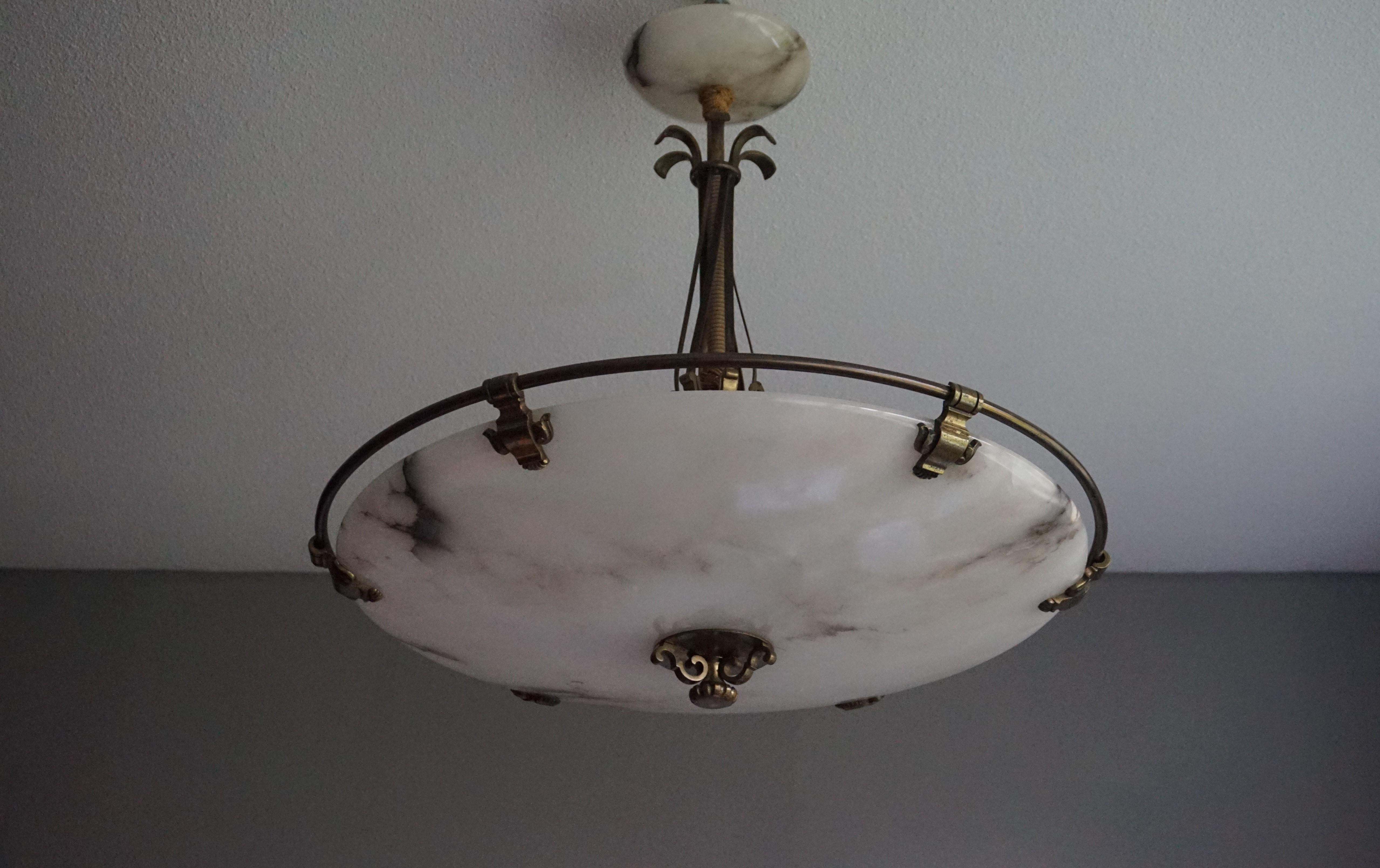Stunning and Large Alabaster, Brass and Bronze Chandelier Arts & Crafts Era For Sale 5