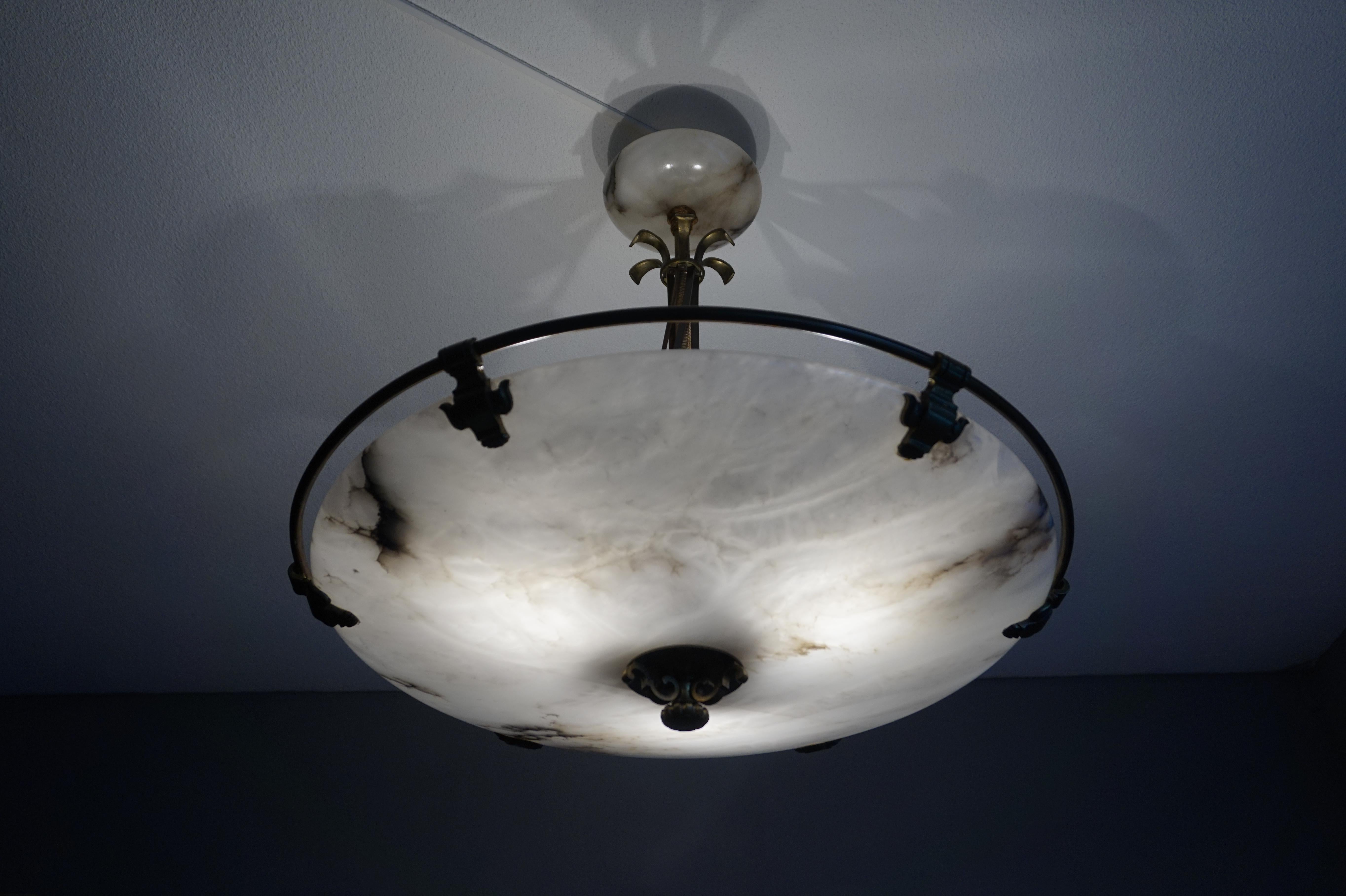 Stunning and Large Alabaster, Brass and Bronze Chandelier Arts & Crafts Era In Excellent Condition For Sale In Lisse, NL