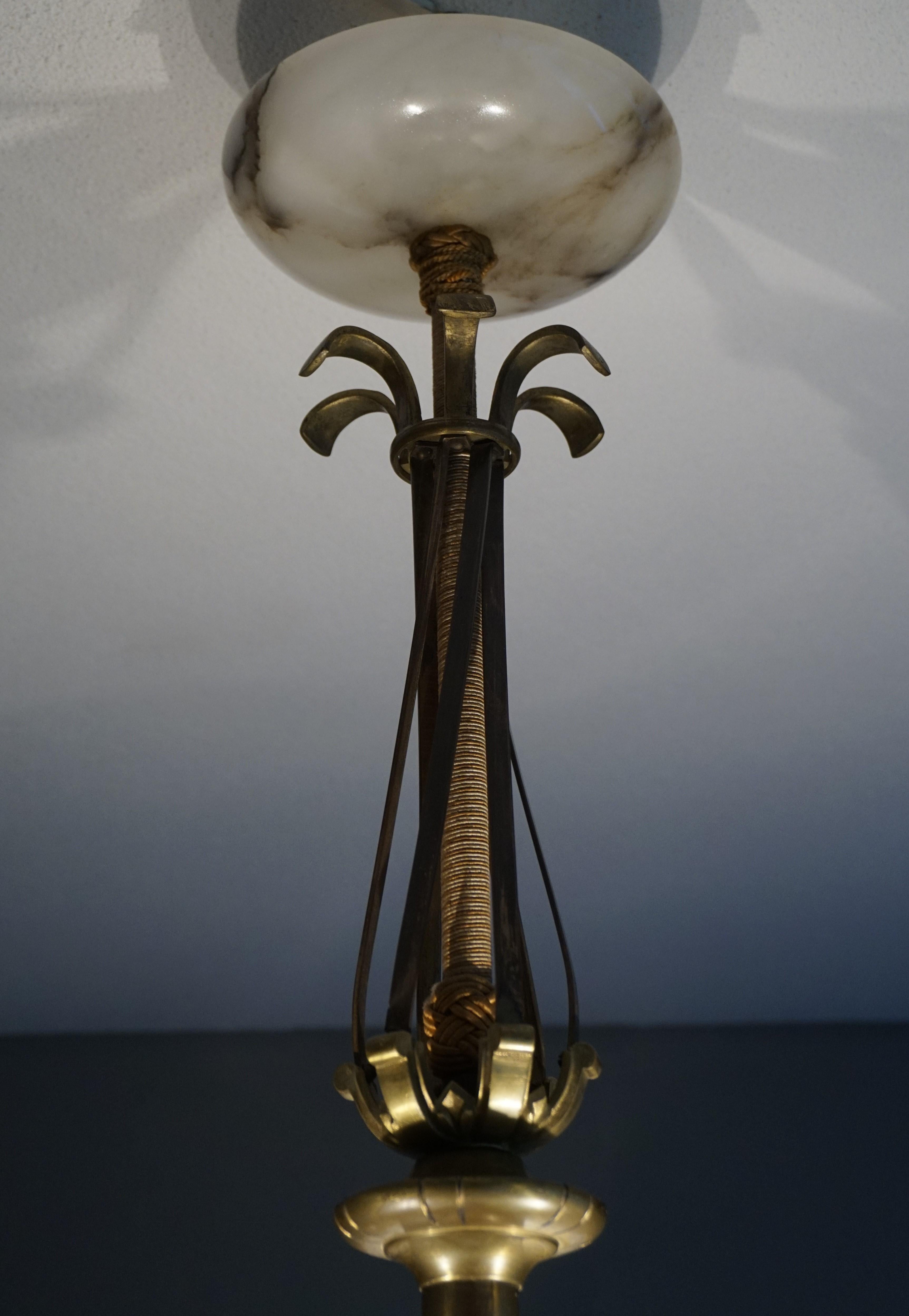 20th Century Stunning and Large Alabaster, Brass and Bronze Chandelier Arts & Crafts Era For Sale