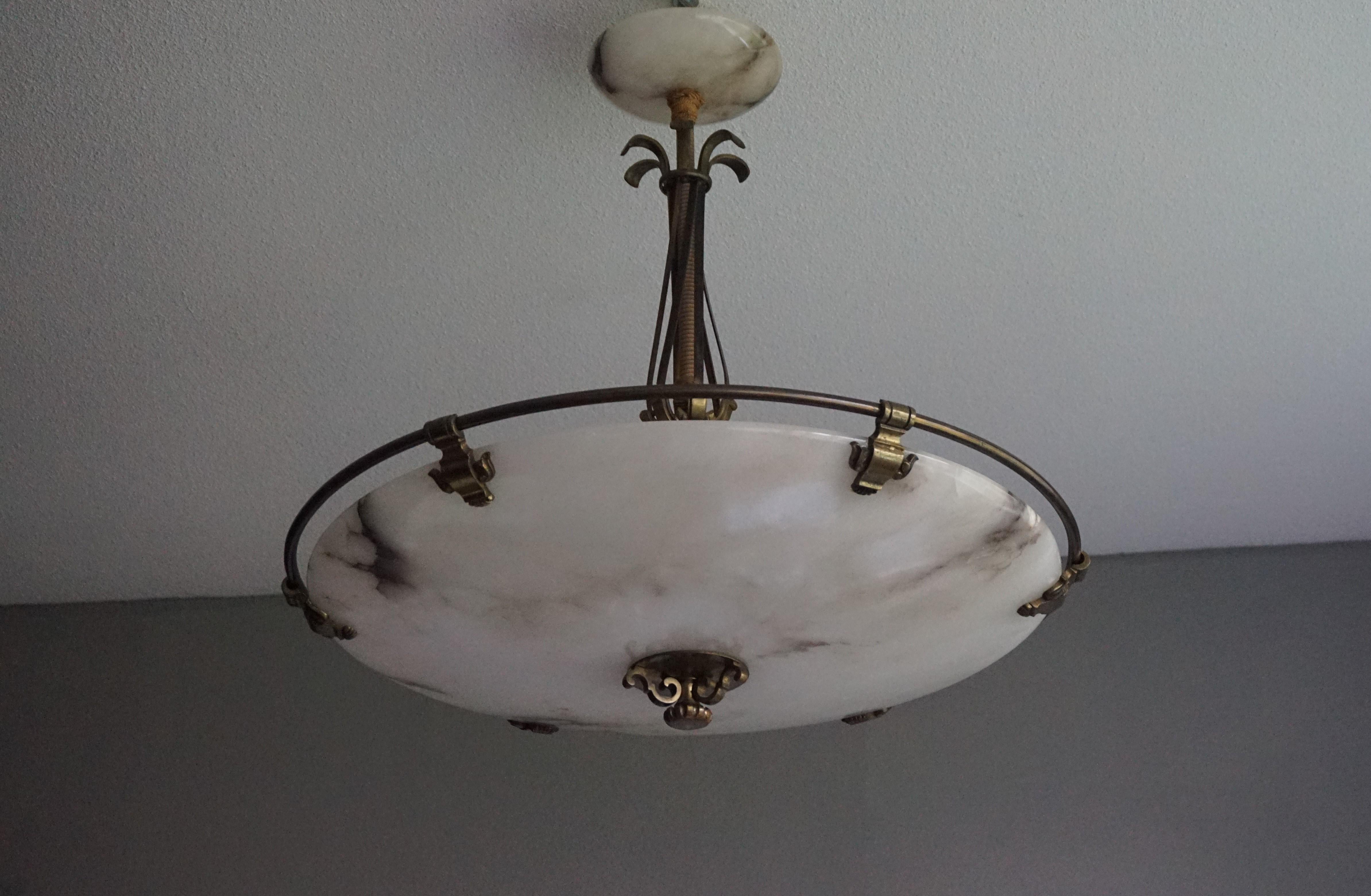 Stunning and Large Alabaster, Brass and Bronze Chandelier Arts & Crafts Era For Sale 1