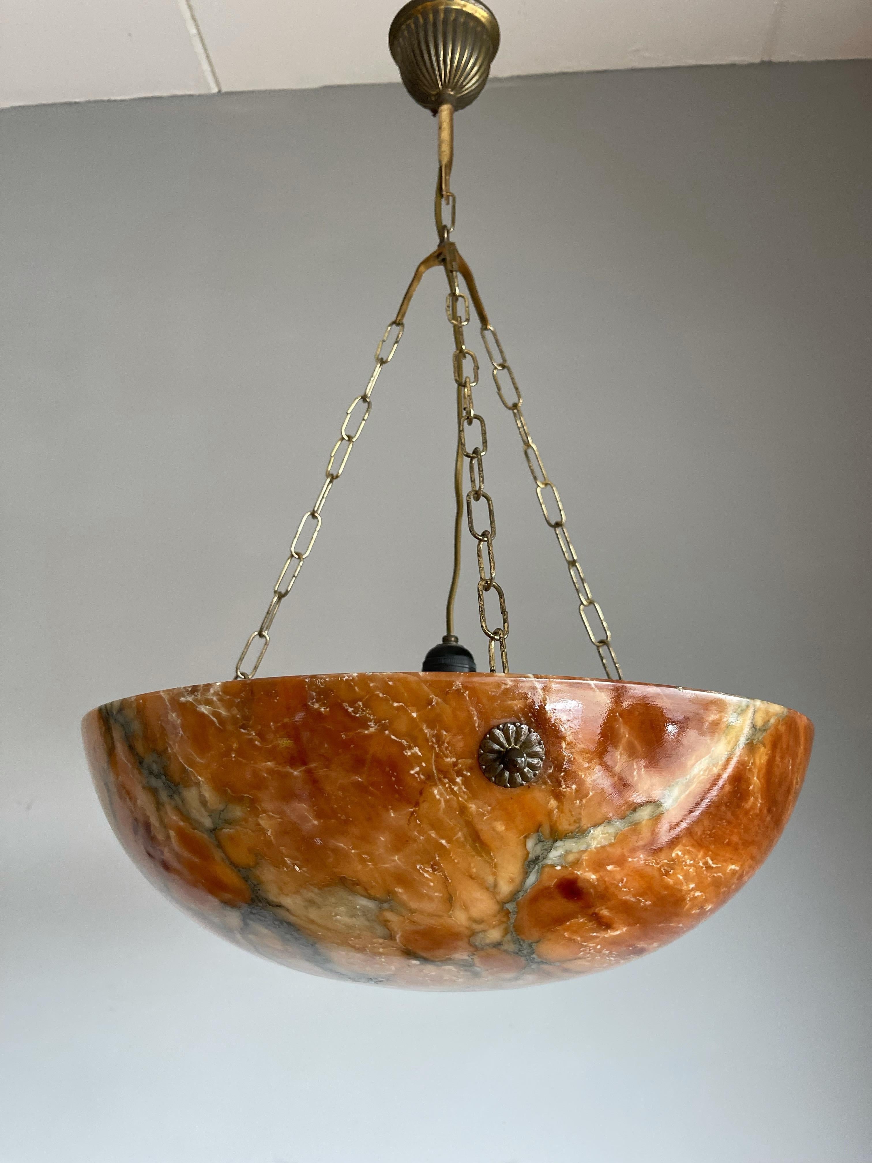 20th Century Stunning and Large Art Deco Alabaster Pendant  Light with Brass Chain & Canopy