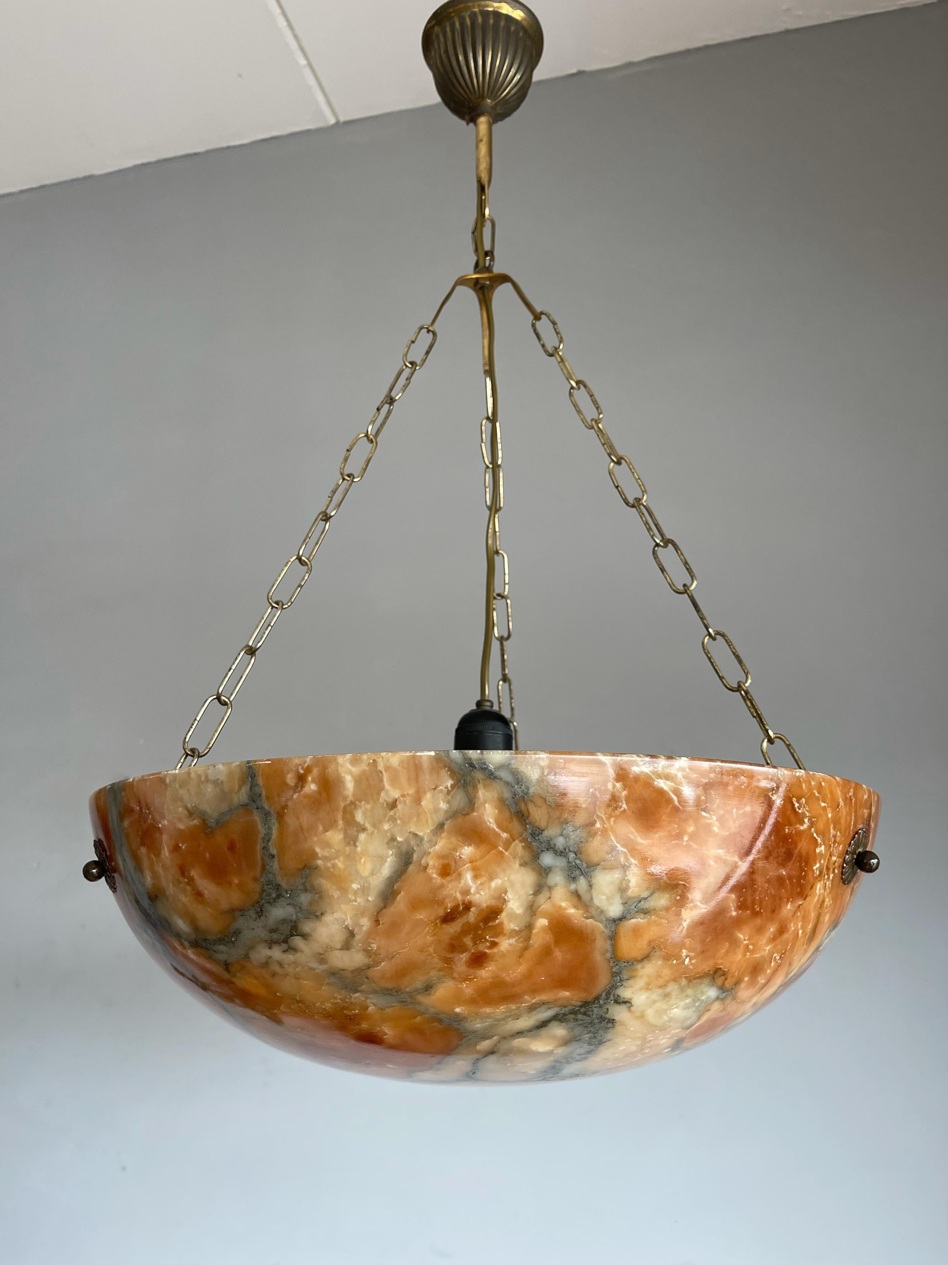 Hand-Carved Stunning and Large Art Deco Alabaster Pendant  Light with Brass Chain & Canopy