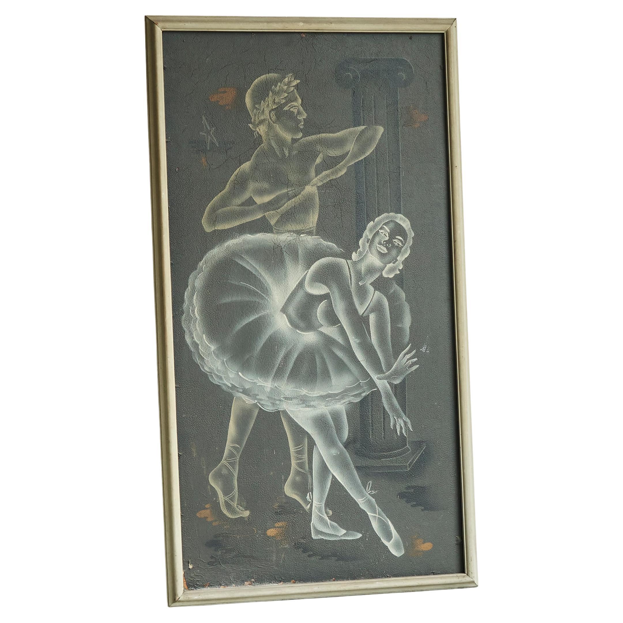 Superbe et grand panneau d'art déco sur le thème du ballet, années 1940
