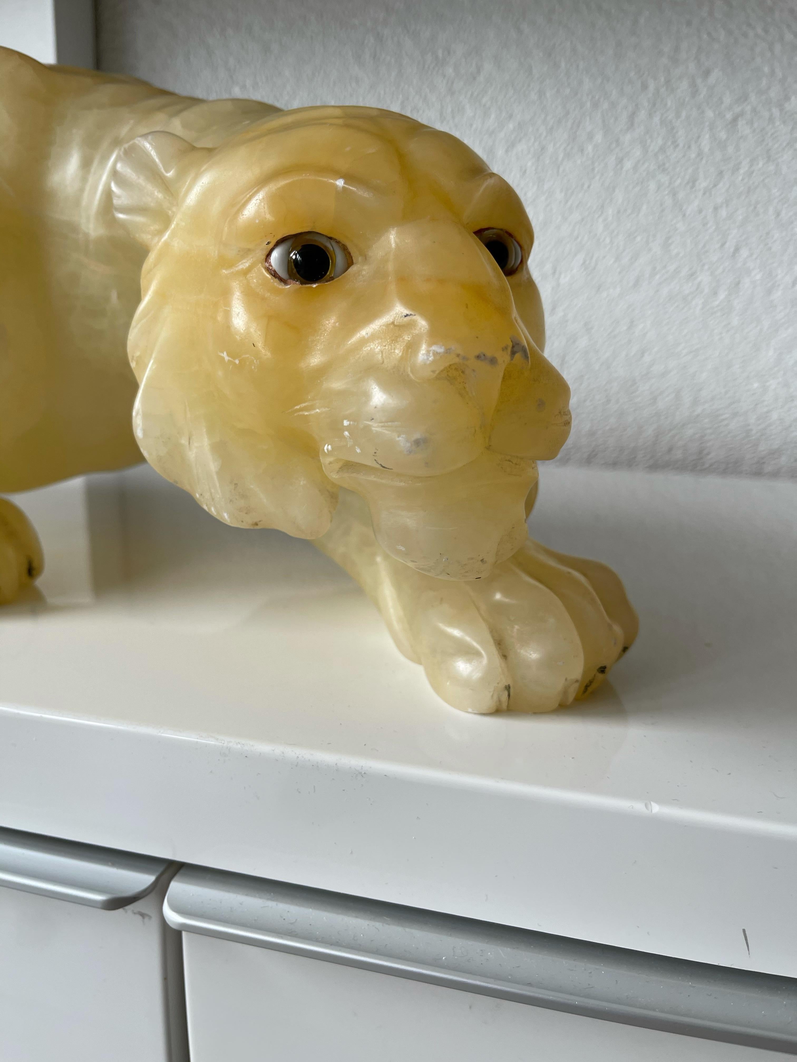 Stunning and Large Italian Hand Carved Alabaster / Mineral Stone Tiger Sculpture For Sale 7