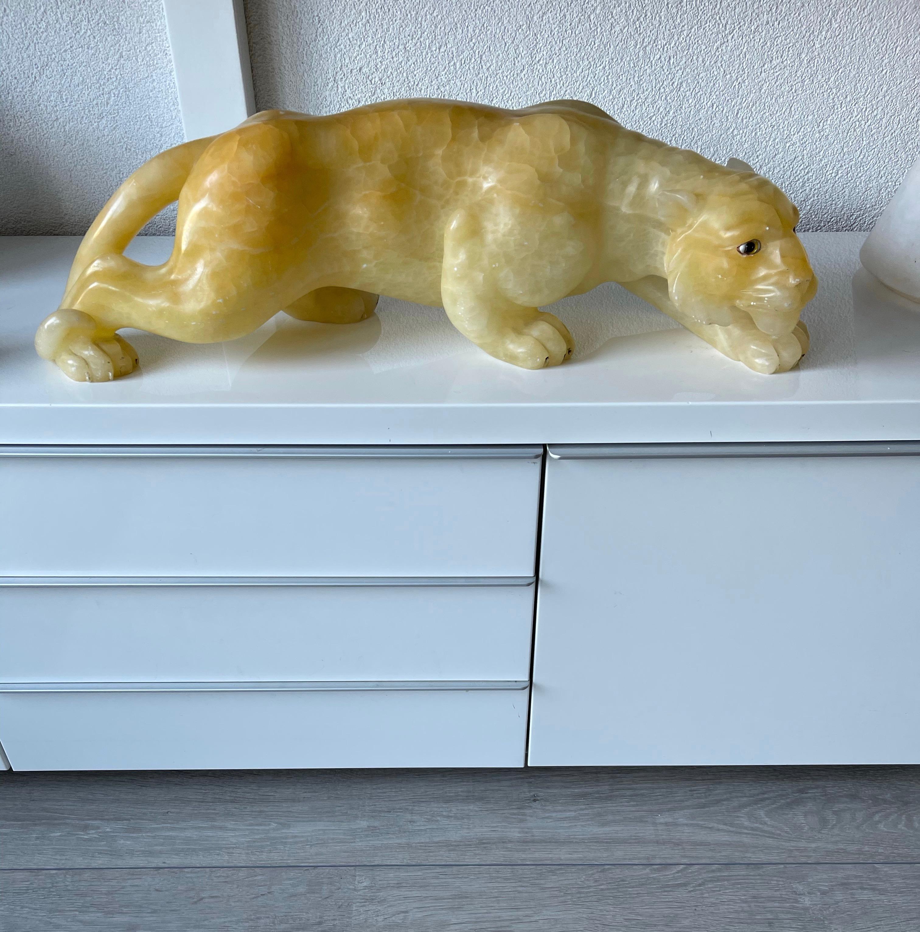 Arts and Crafts Stunning and Large Italian Hand Carved Alabaster / Mineral Stone Tiger Sculpture For Sale