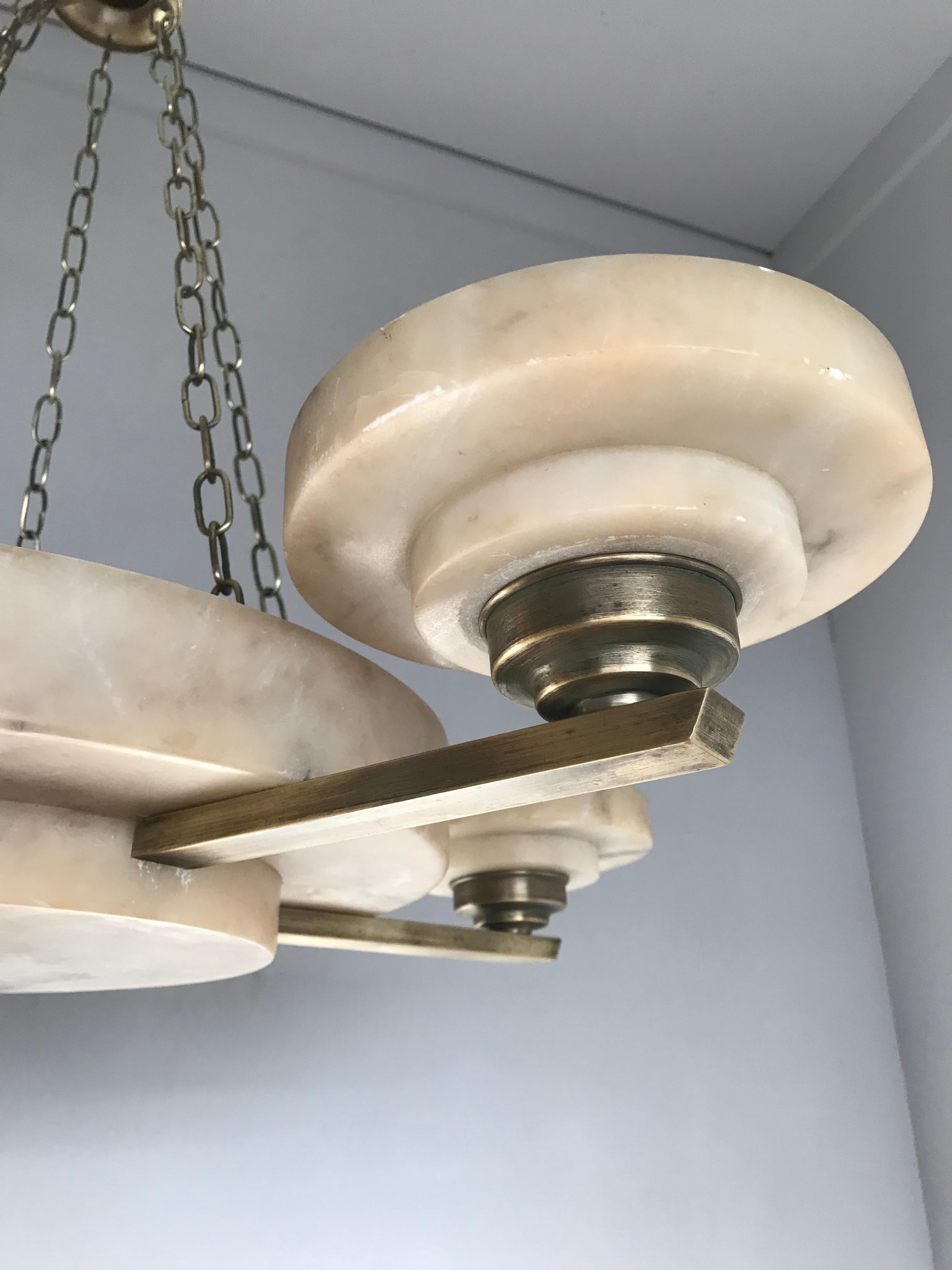 Stunning and Timeless Alabaster and Brass Five-Arm Art Deco Pendant / Chandelier 4
