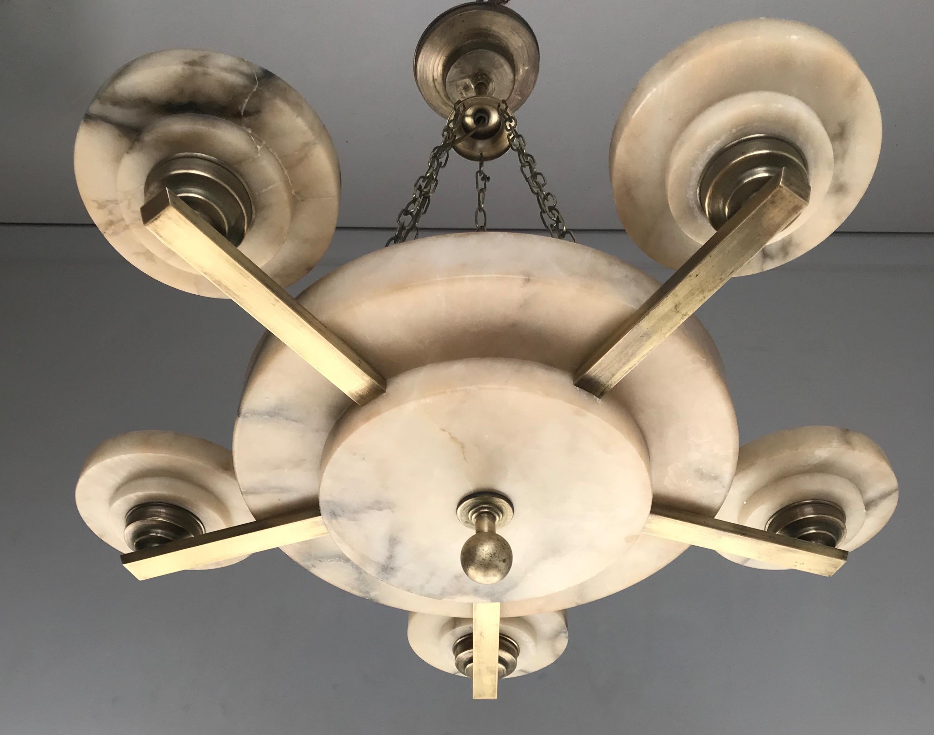 Stunning and Timeless Alabaster and Brass Five-Arm Art Deco Pendant / Chandelier 8