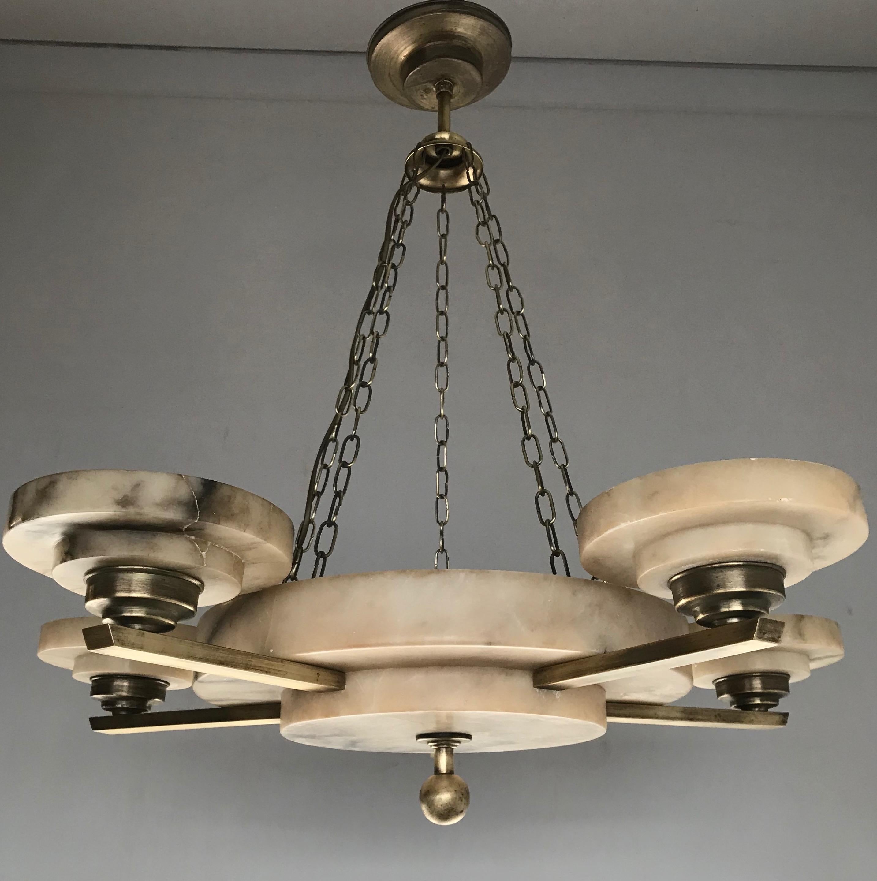 Hand-Crafted Stunning and Timeless Alabaster and Brass Five-Arm Art Deco Pendant / Chandelier