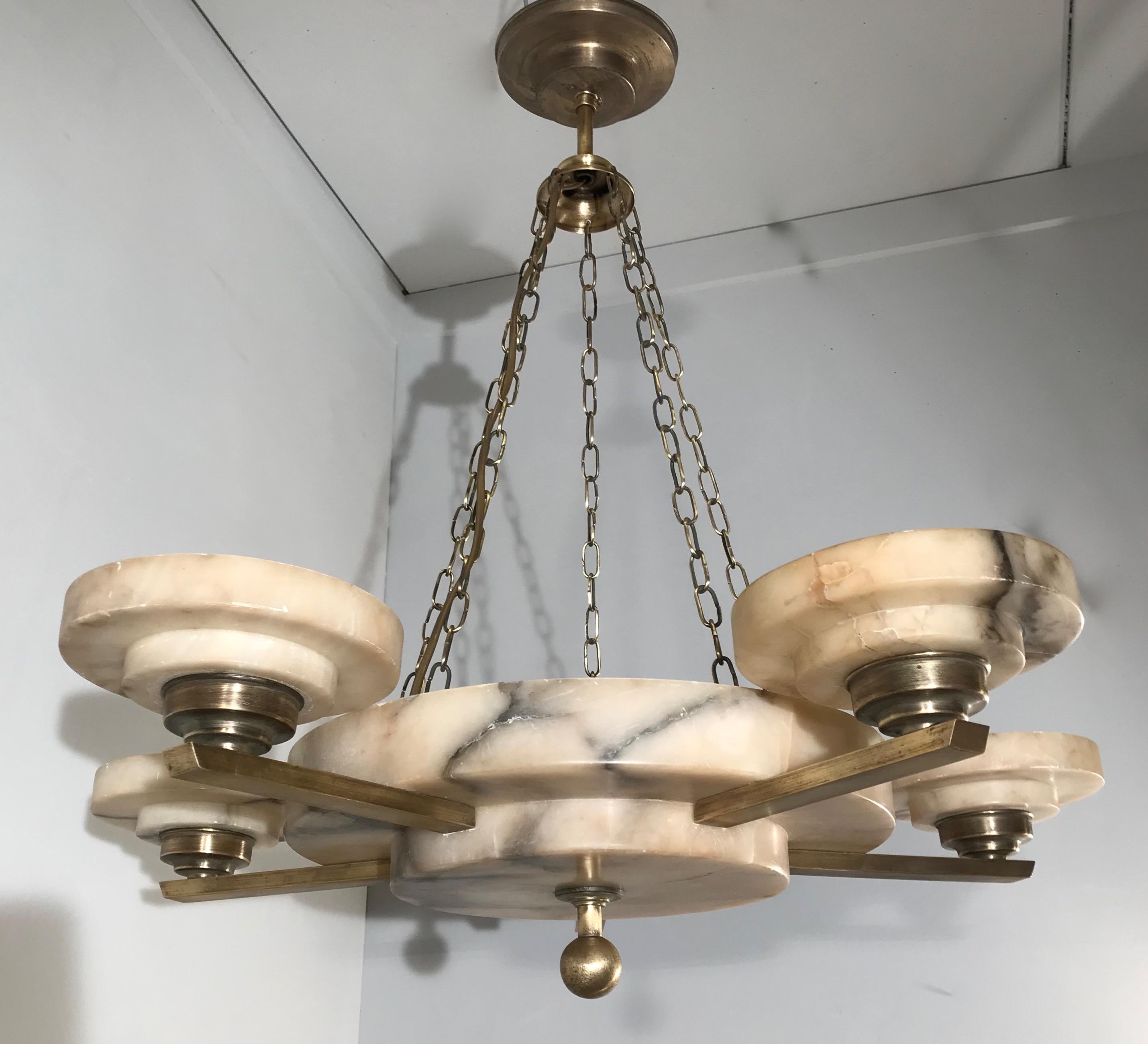 Stunning and Timeless Alabaster and Brass Five-Arm Art Deco Pendant / Chandelier 2