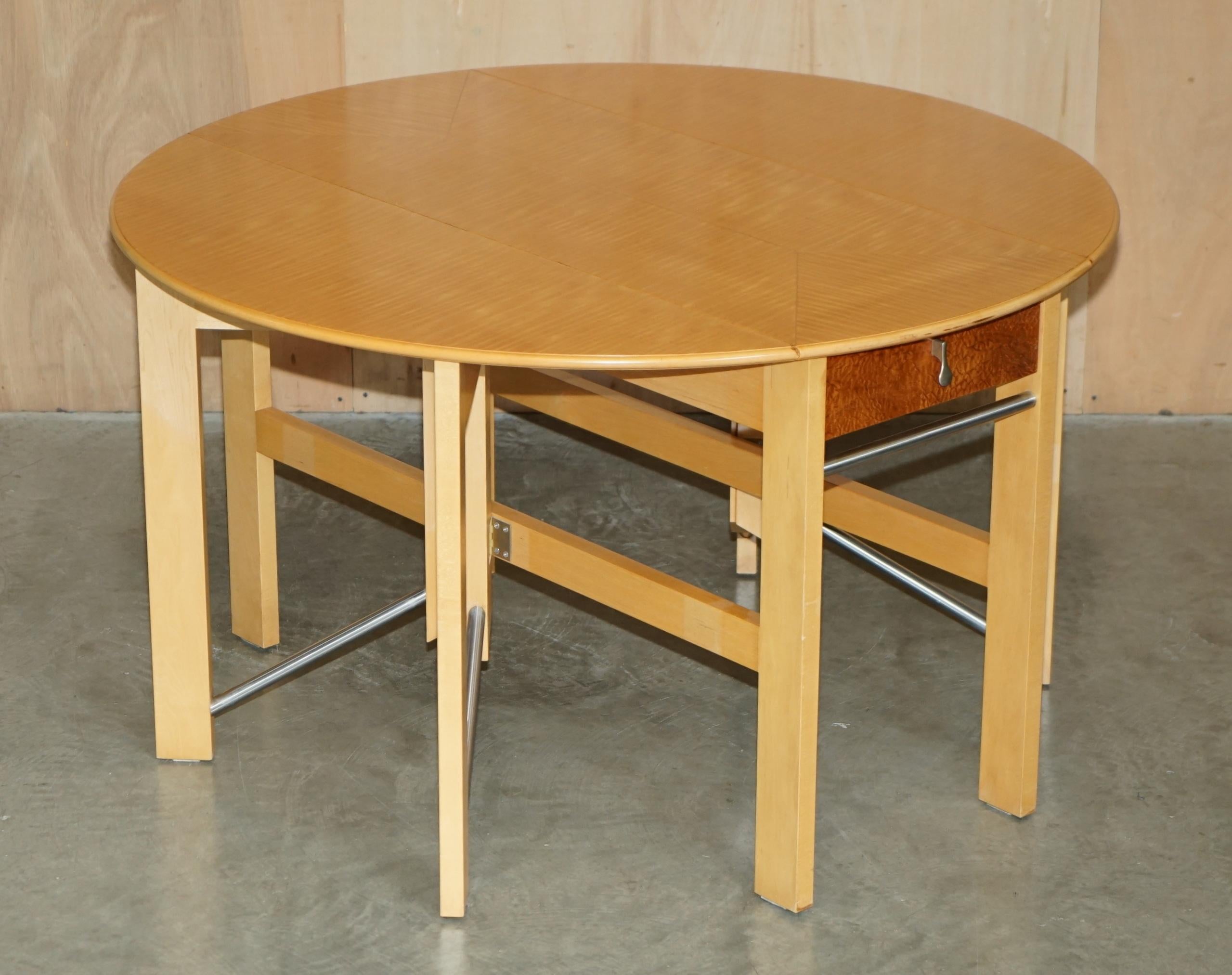 STUNNING ANDREW VARAH SATINWOOD WALNUT ROUND EXTENDING DINING TABLE WITH DRAWERs For Sale 2