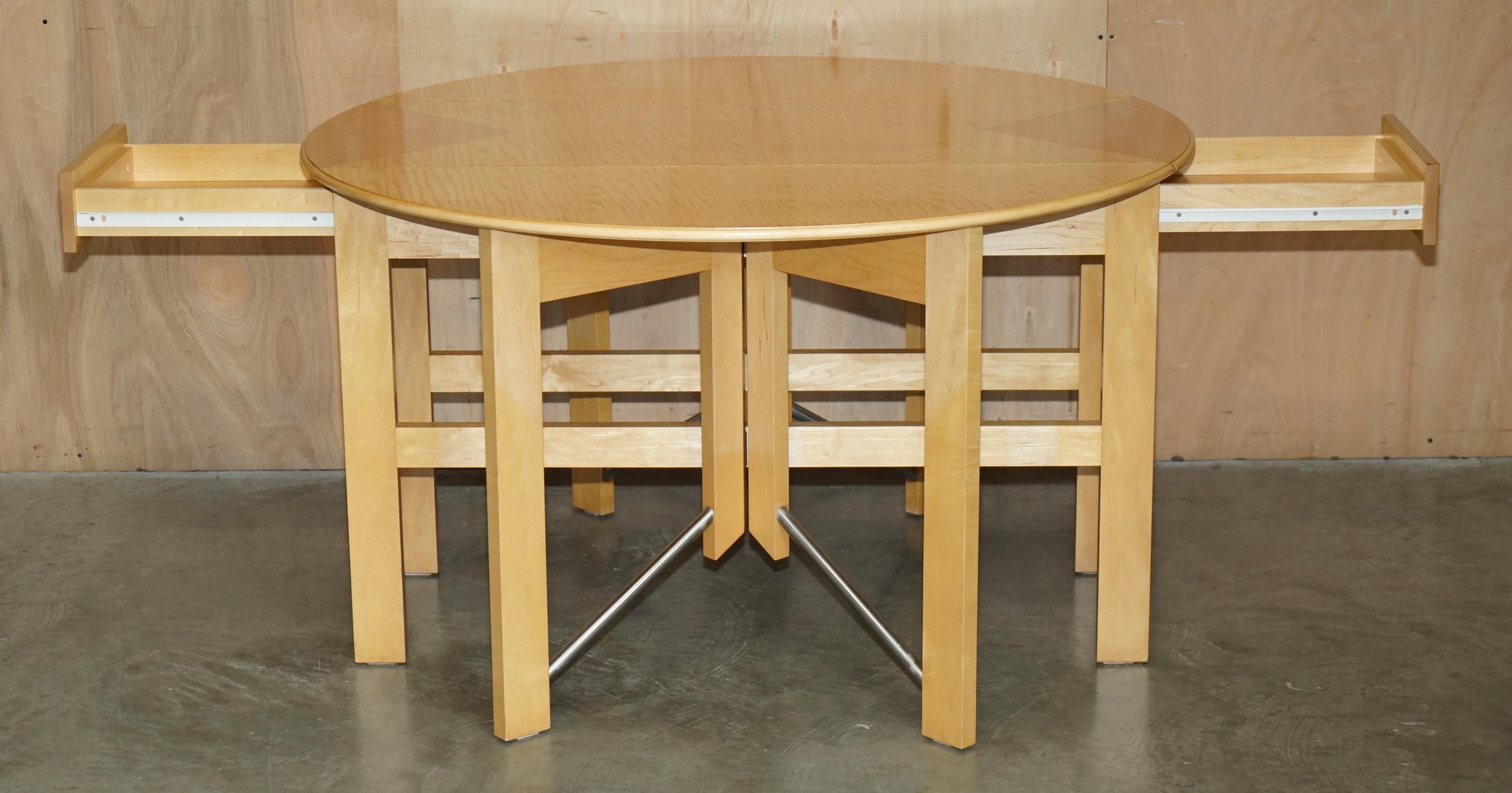 STUNNING ANDREW VARAH SATINWOOD WALNUT ROUND EXTENDING DINING TABLE WITH DRAWERs For Sale 7