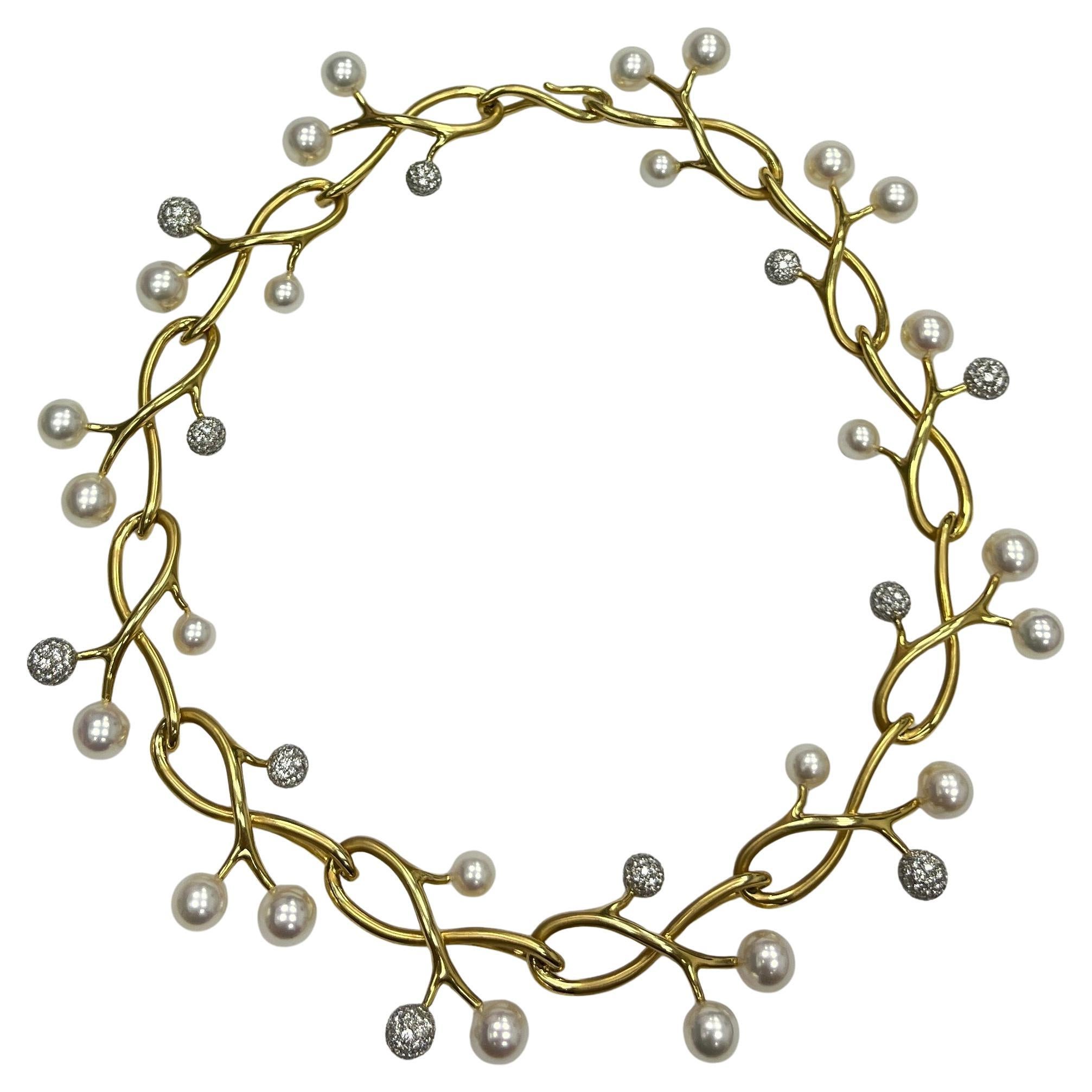Stunning Angela Cummings and Assael Gold and Platinum Diamond Pearl Necklace