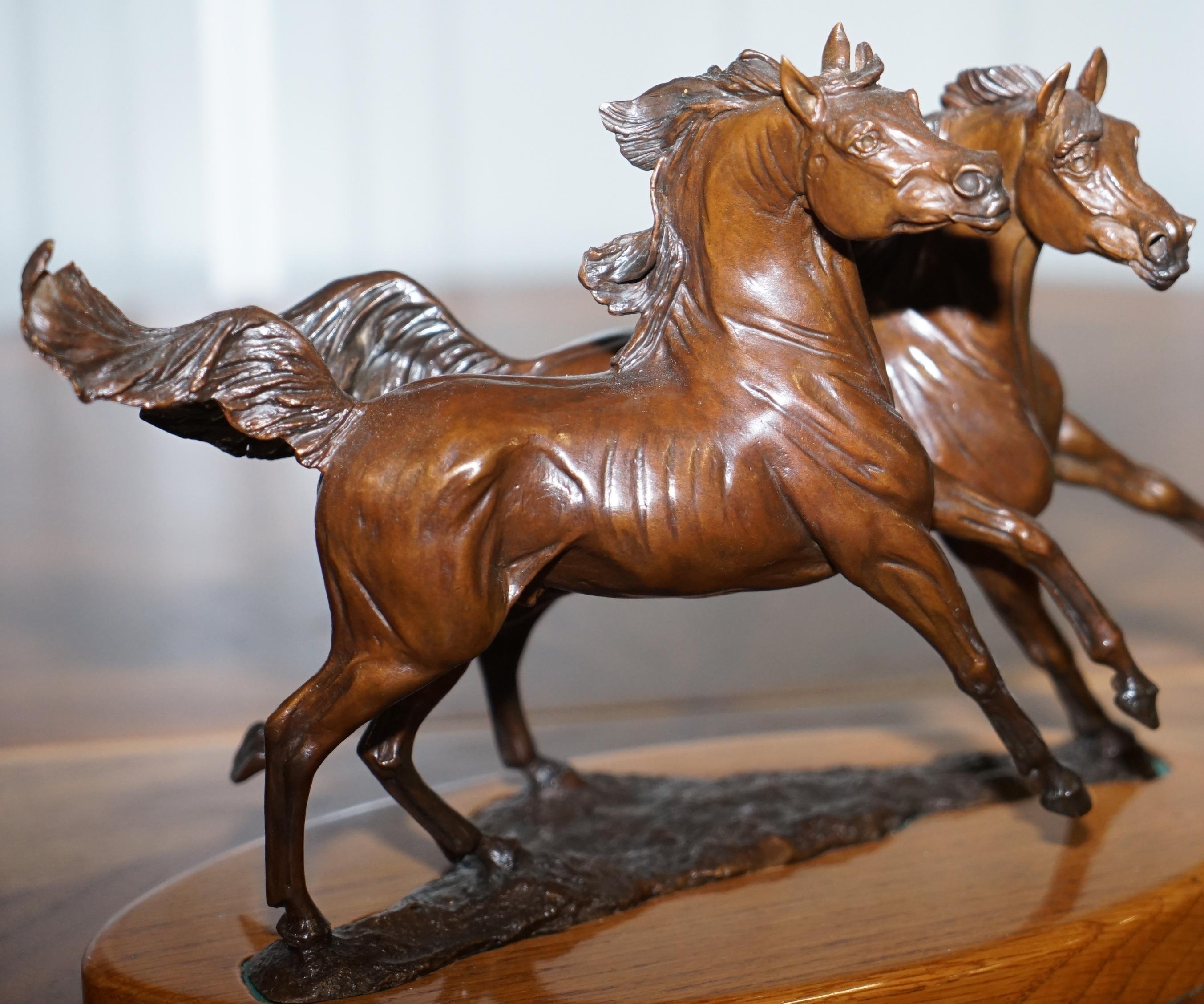 Hand-Crafted Stunning Annette Yarrow British Bronze Pair of Horses Sculpture on Marble Base