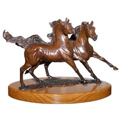 Stunning Annette Yarrow British Bronze Pair of Horses Sculpture on Marble Base