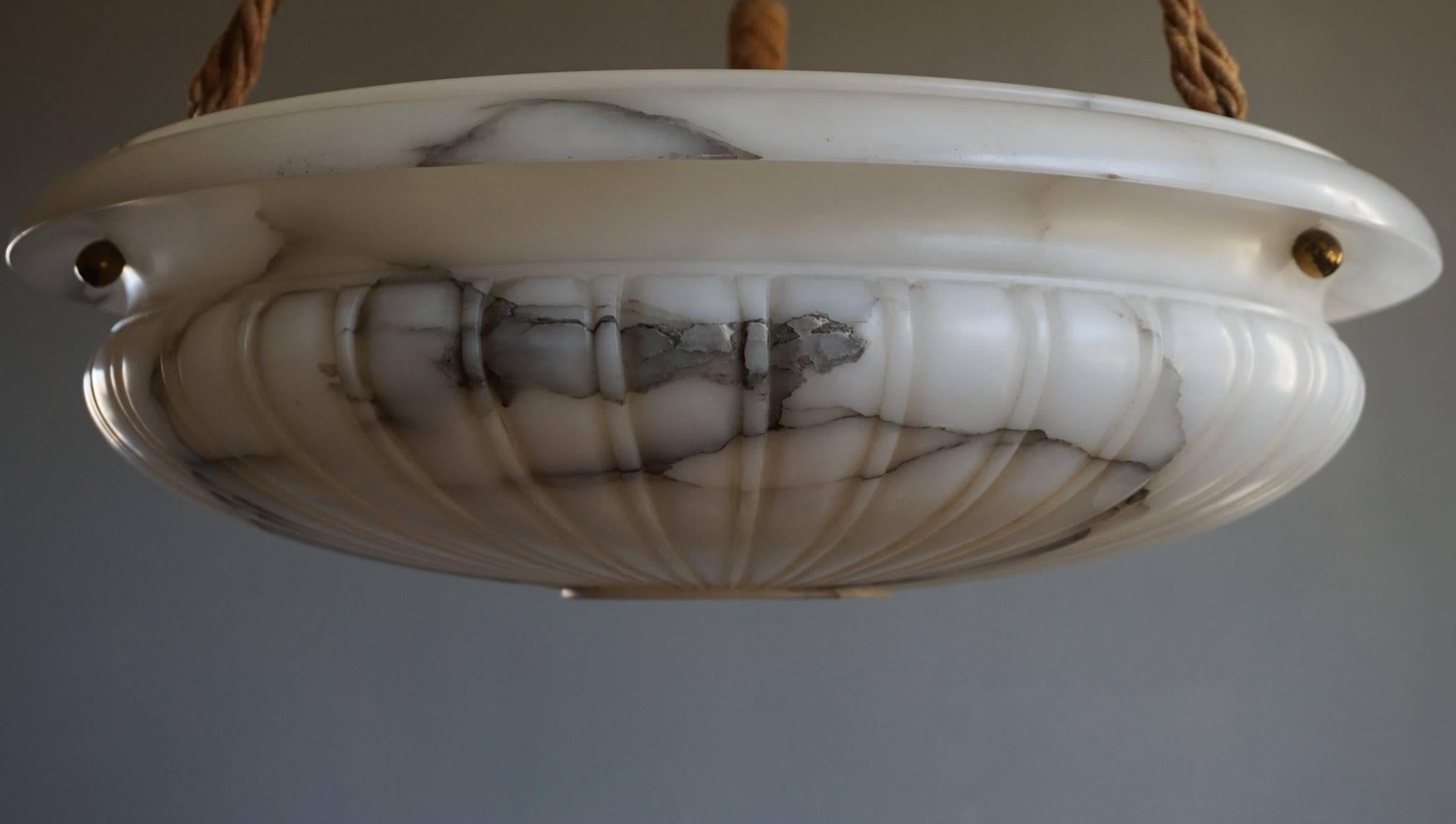 Antique and Large White Alabaster Pendant with Black Veins and Original Rope 3