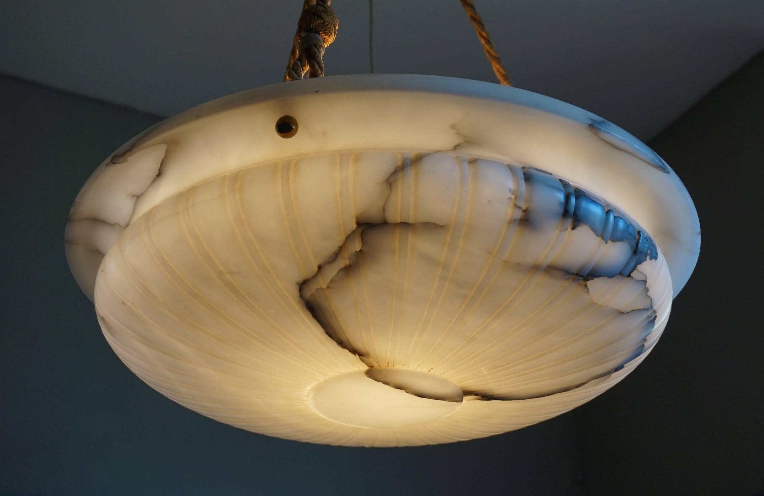 Hand-Knotted Antique and Large White Alabaster Pendant with Black Veins and Original Rope
