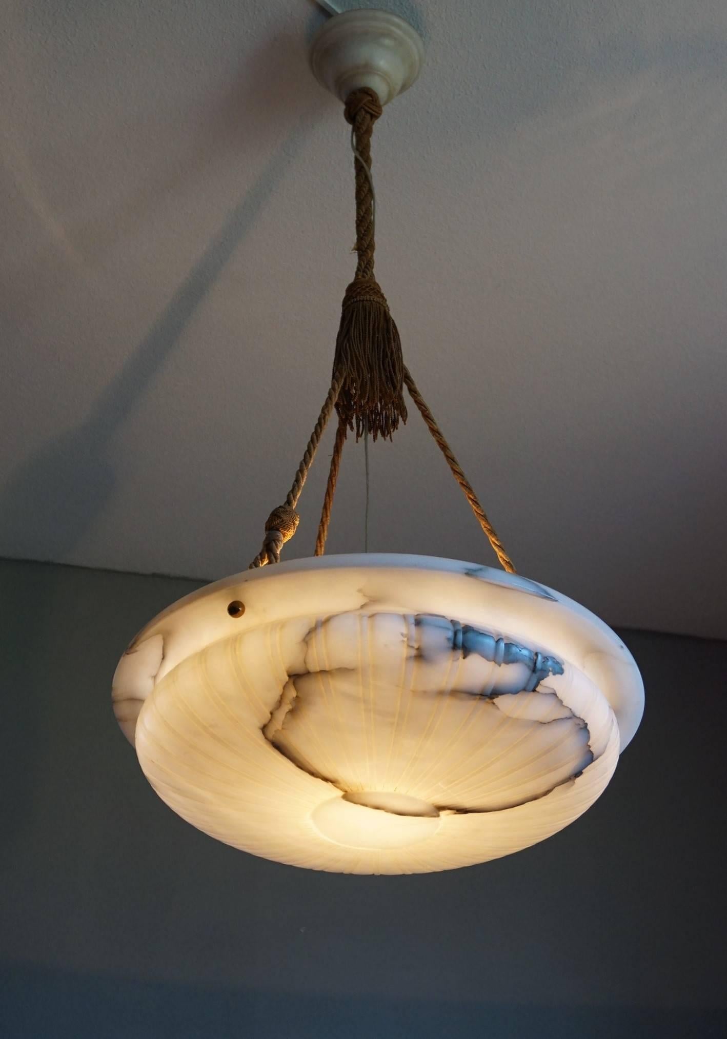 20th Century Antique and Large White Alabaster Pendant with Black Veins and Original Rope