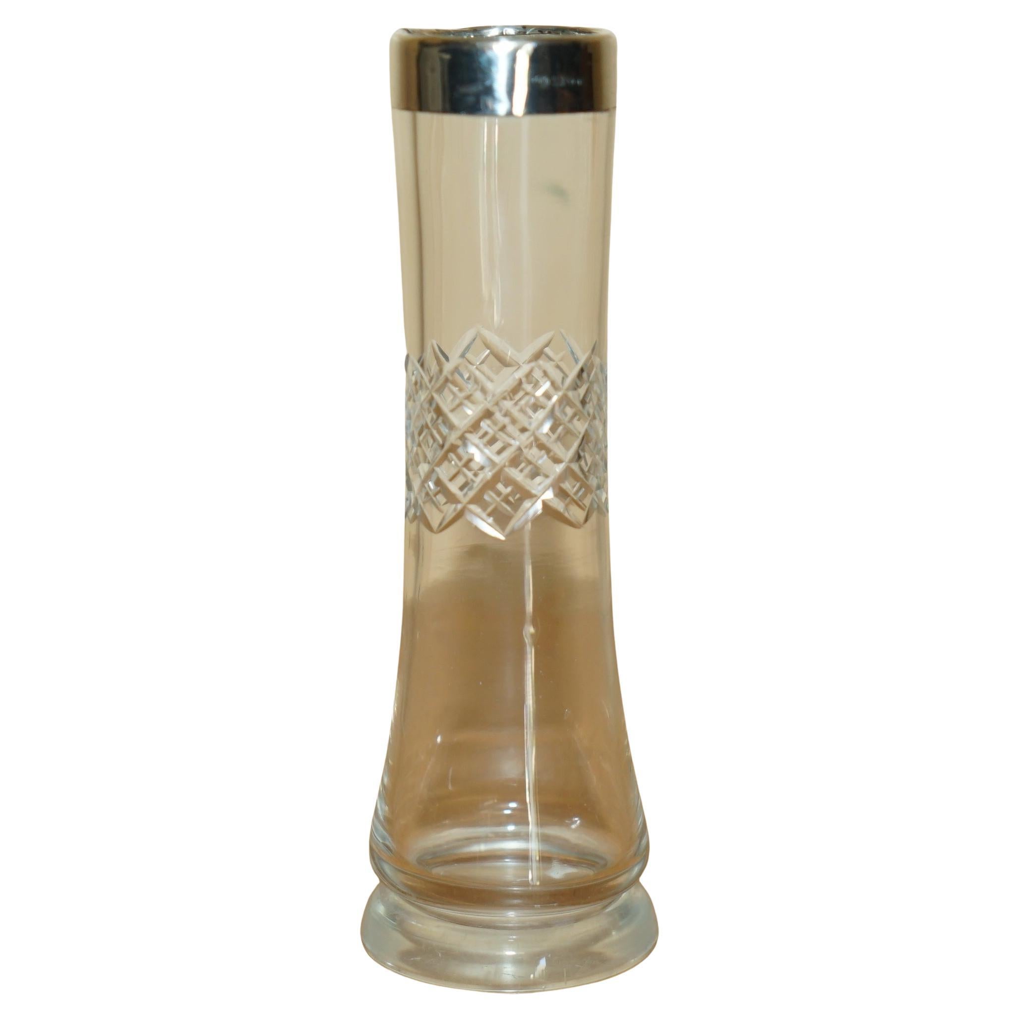 STUNNING ANTIQUE 1908 CUT GLASS CRYSTAL STERLING SiLVER PLANT VASE MUST SEE