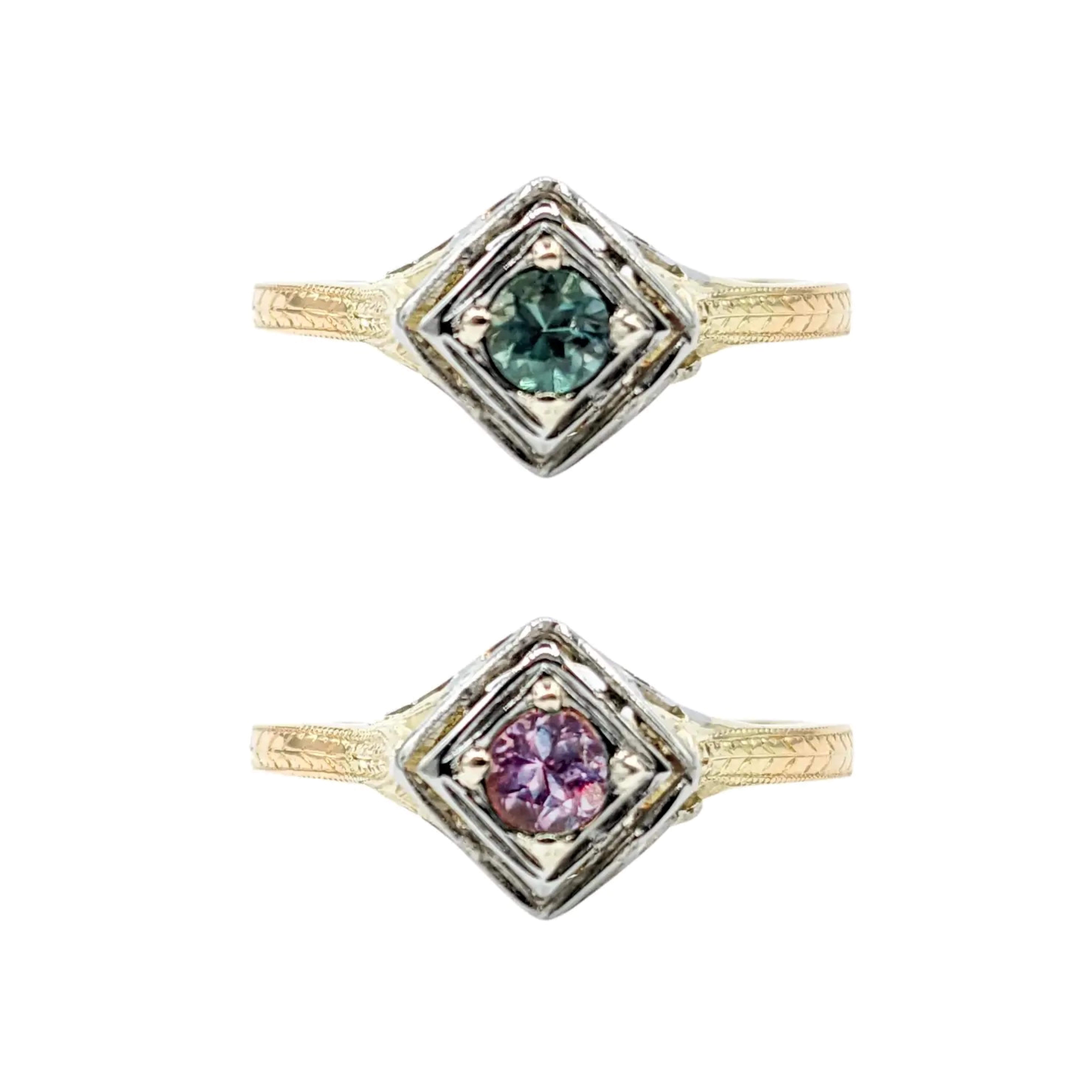 Stunning Antique .20ct Natural Alexandrite Ring

Introducing our exquisite ring, masterfully crafted in 14k two-tone gold and showcasing a .20ct natural Alexandrite. This radiant Alexandrite captures the essence of timeless elegance, having a