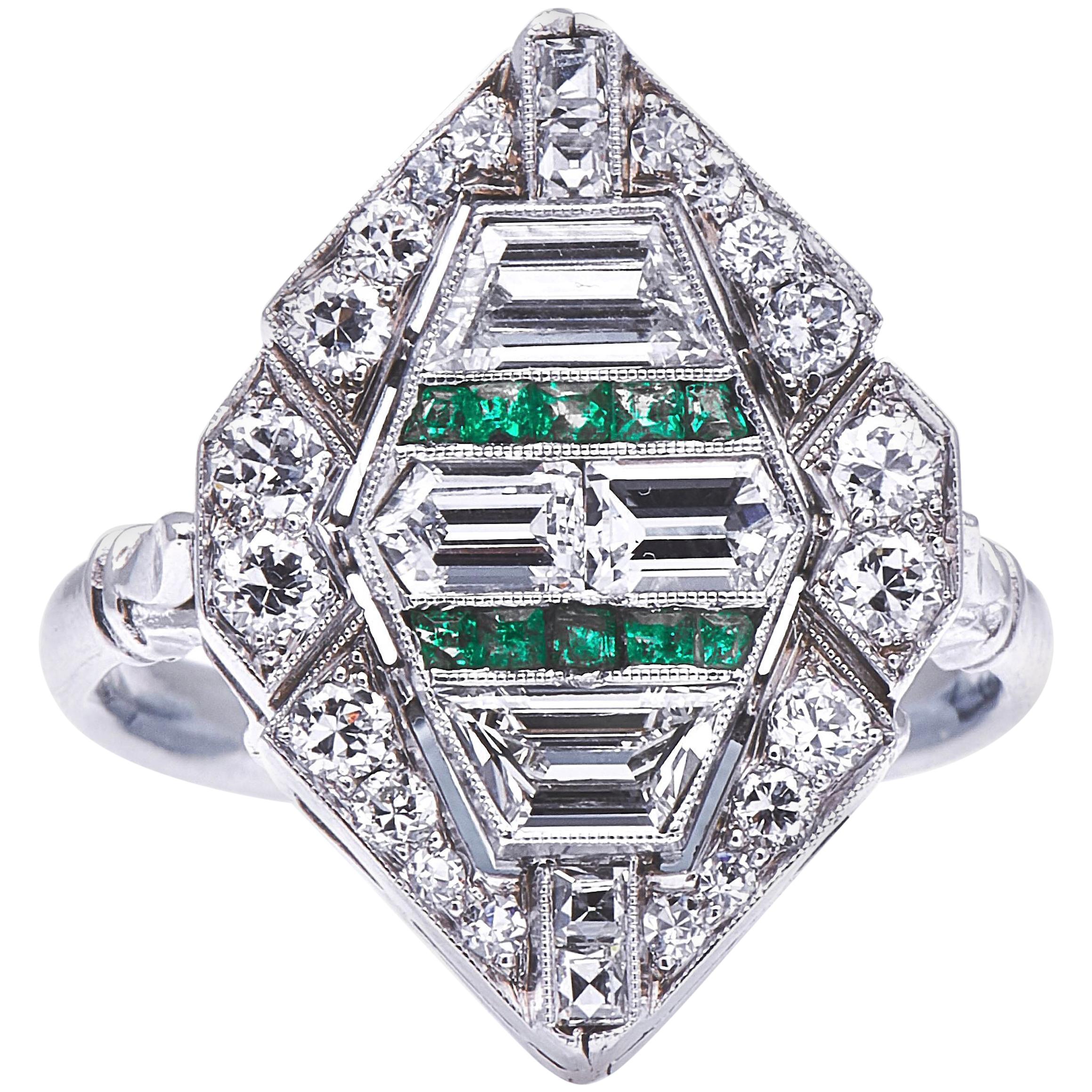 Stunning Antique, Art Deco, 18 Carat Gold, Emerald and Diamond Cluster Ring For Sale