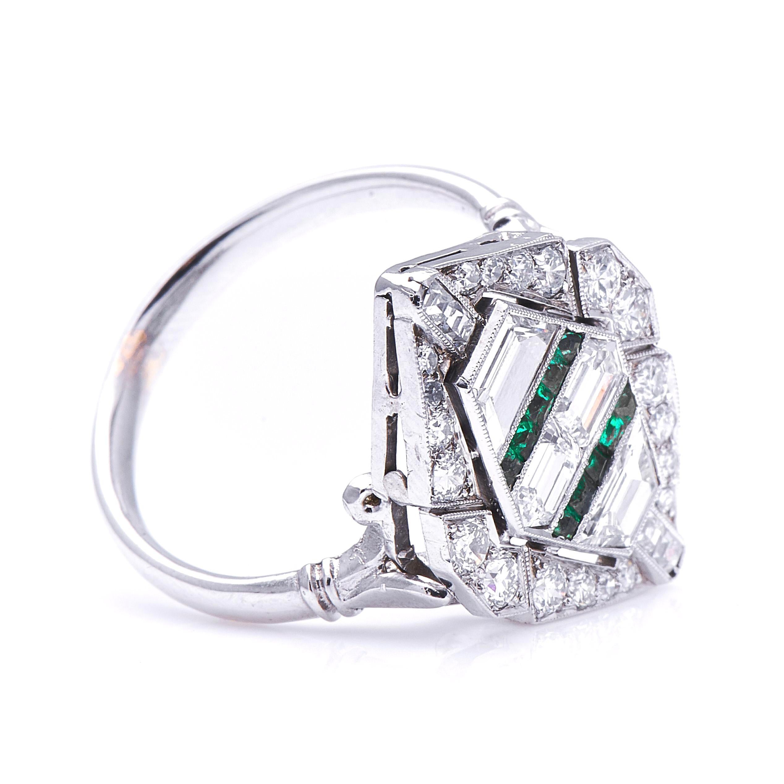 Old European Cut Stunning Antique, Art Deco, 18 Carat Gold, Emerald and Diamond Cluster Ring For Sale