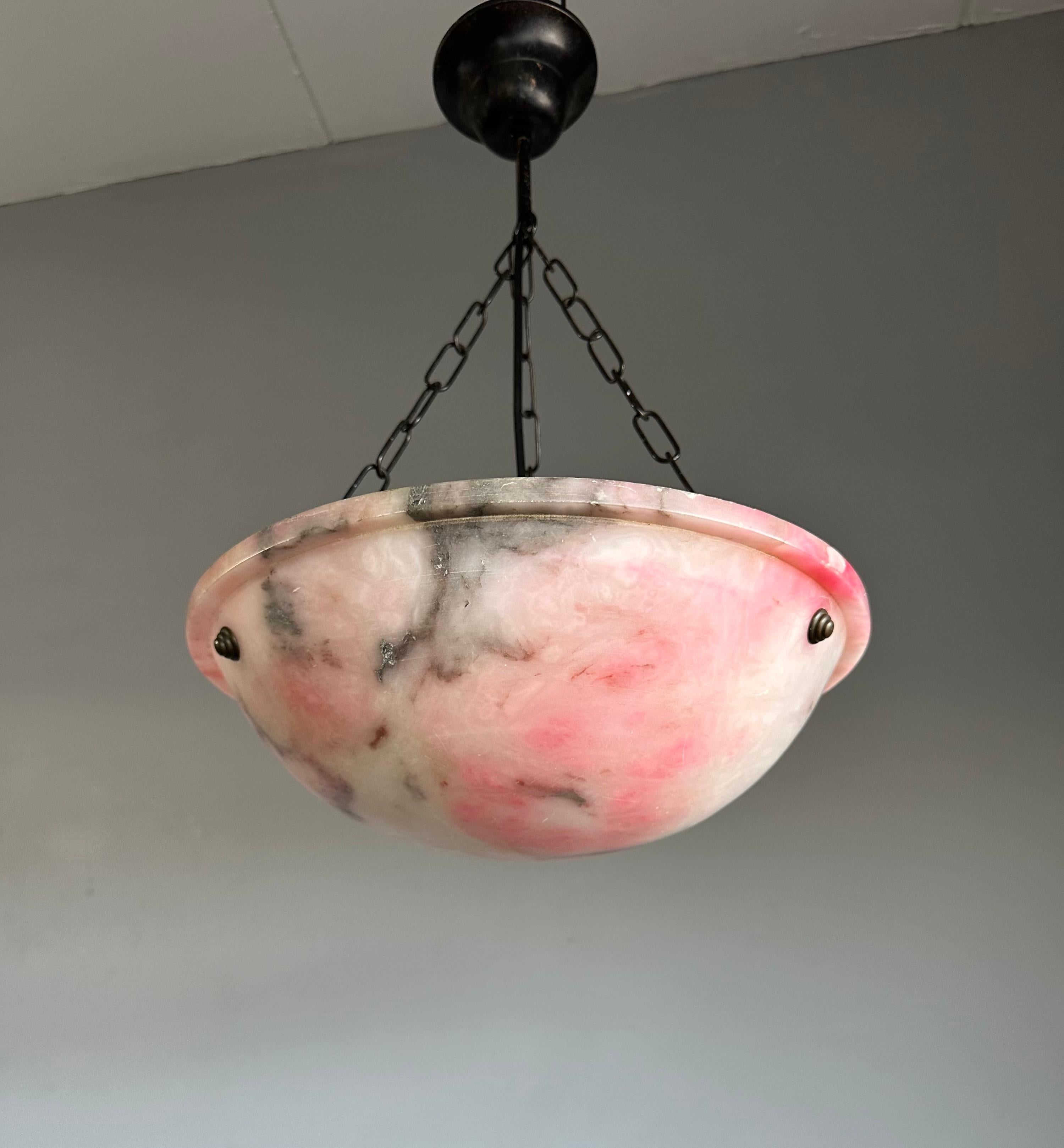 Great shape and warmest color alabaster light with matching chain and canopy.

If you are looking for a truly beautiful, great quality and very good condition alabaster pendant then this striking specimen could be the one or you. This practical size