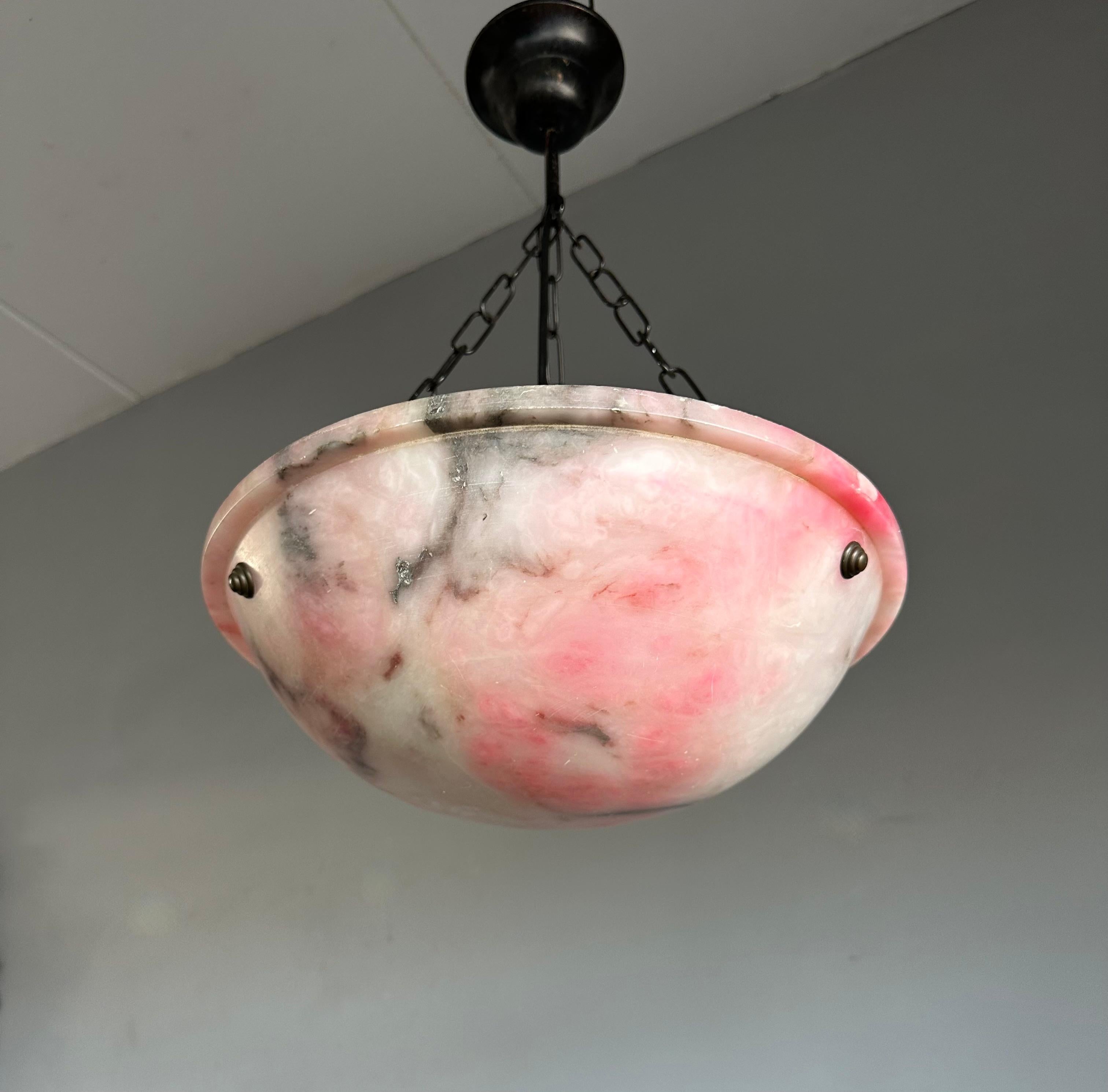 Blackened Stunning Antique Art Deco Alabaster Pendant / Flush Mount with Amazing Colors For Sale