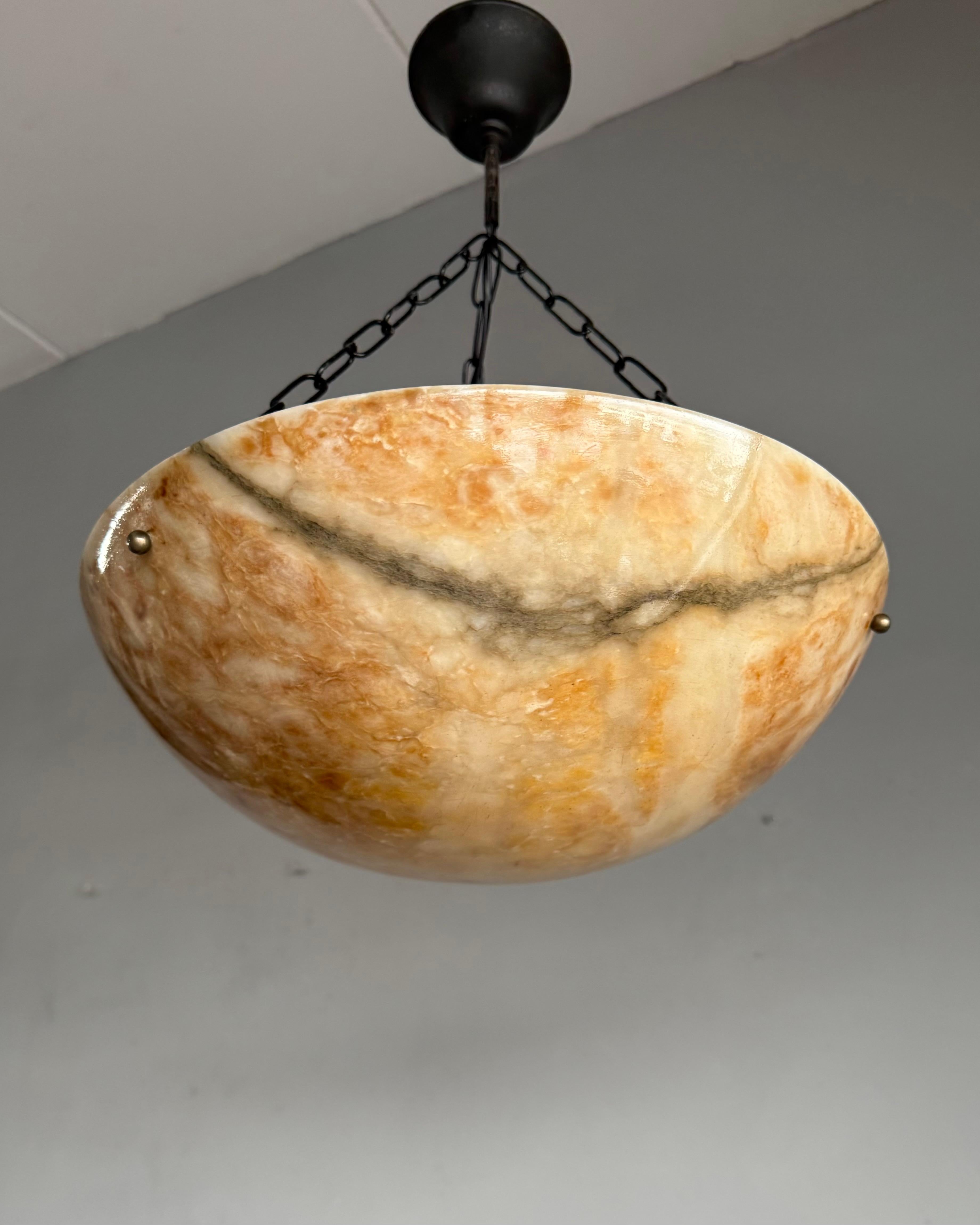 Blackened Stunning Antique Art Deco Alabaster Pendant / Flush Mount with Amazing Colors For Sale