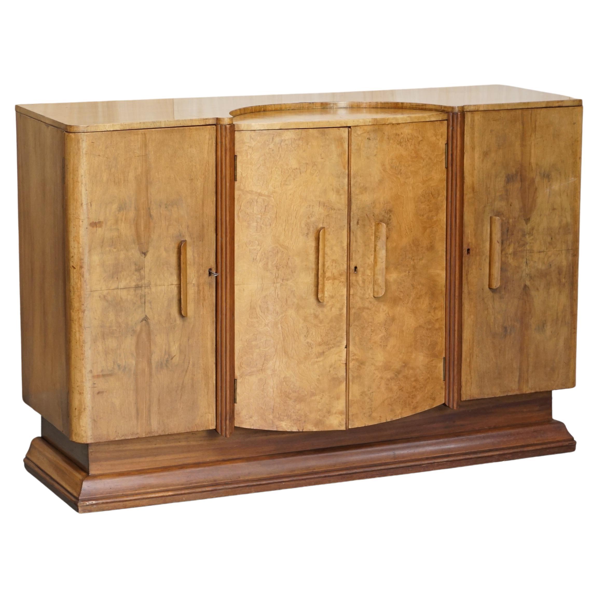 Stunning Antique Art Deco Burr Walnut Sideboard with Drawers Drinks Cabinet For Sale