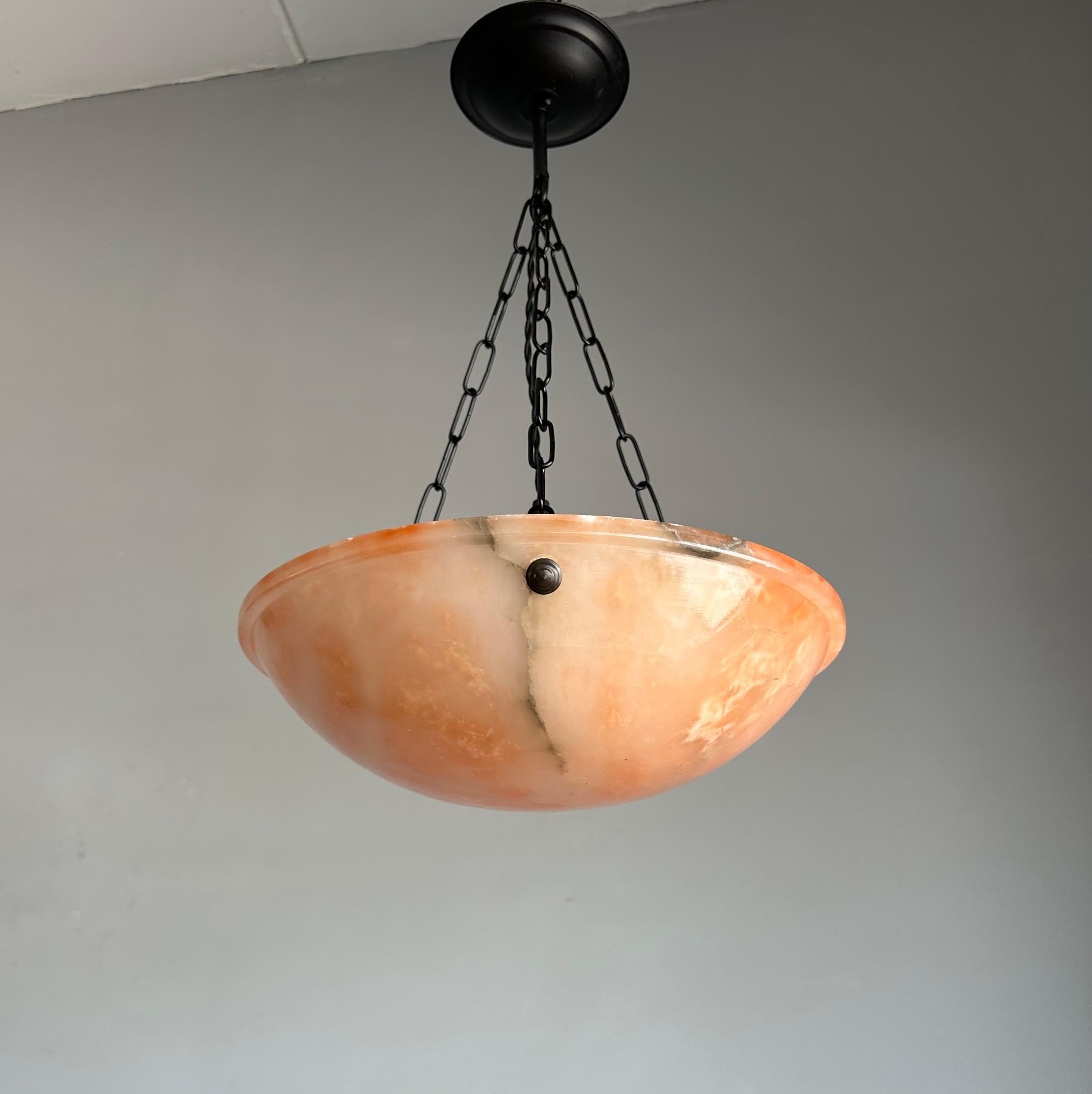 Metal Stunning Antique Art Deco Evening Red Color Alabaster Shade Pendant, Flush Mount For Sale